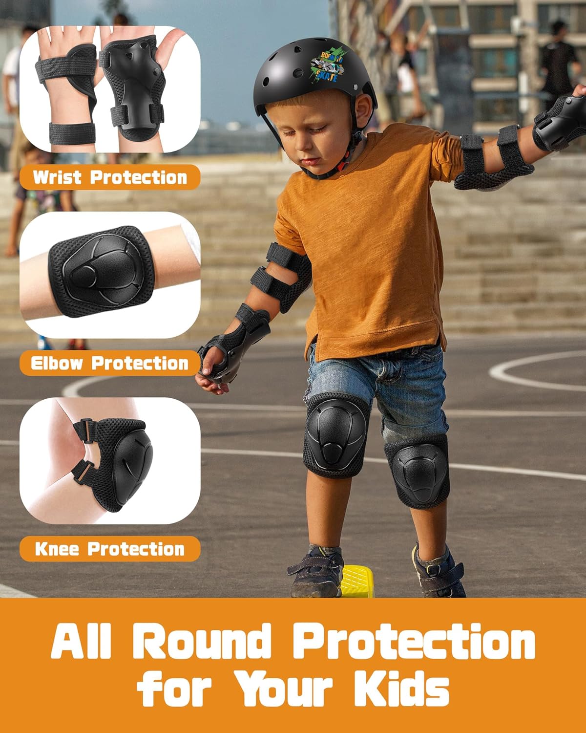 Kids Protective Gear Set, Knee and Elbow Pads with Wrist Guards for Ages 3-8 Year Toddler, 3 in 1 Enhanced Material Protective for Skating Cycling Bike Roller Scooter, Includes Organizer Bag