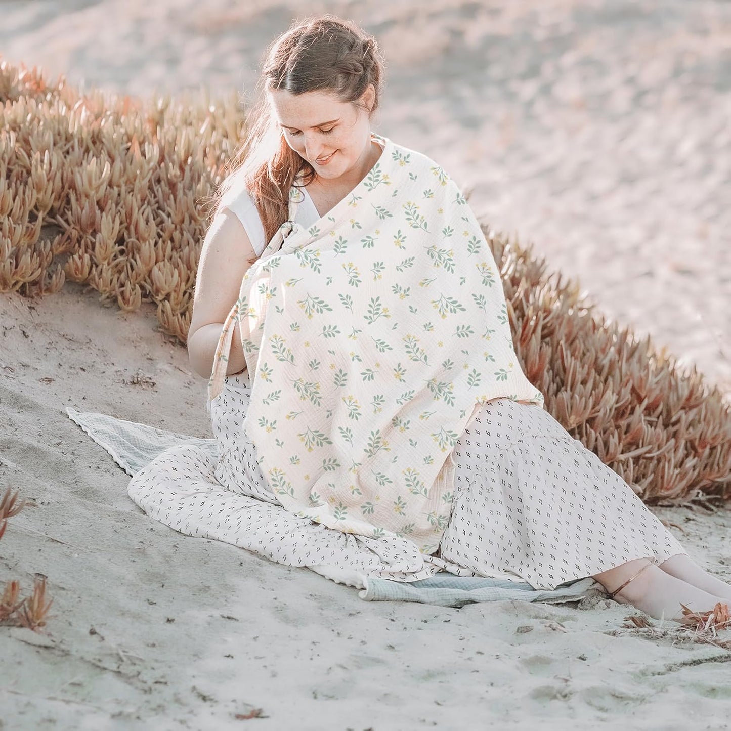 Konssy Muslin Nursing Cover for Baby Breastfeeding, Breathable 100% Cotton Breastfeeding Cover with Rigid Hoop for Mother Nursing Apron, Multi-use Carseat Canopy (Leafy)