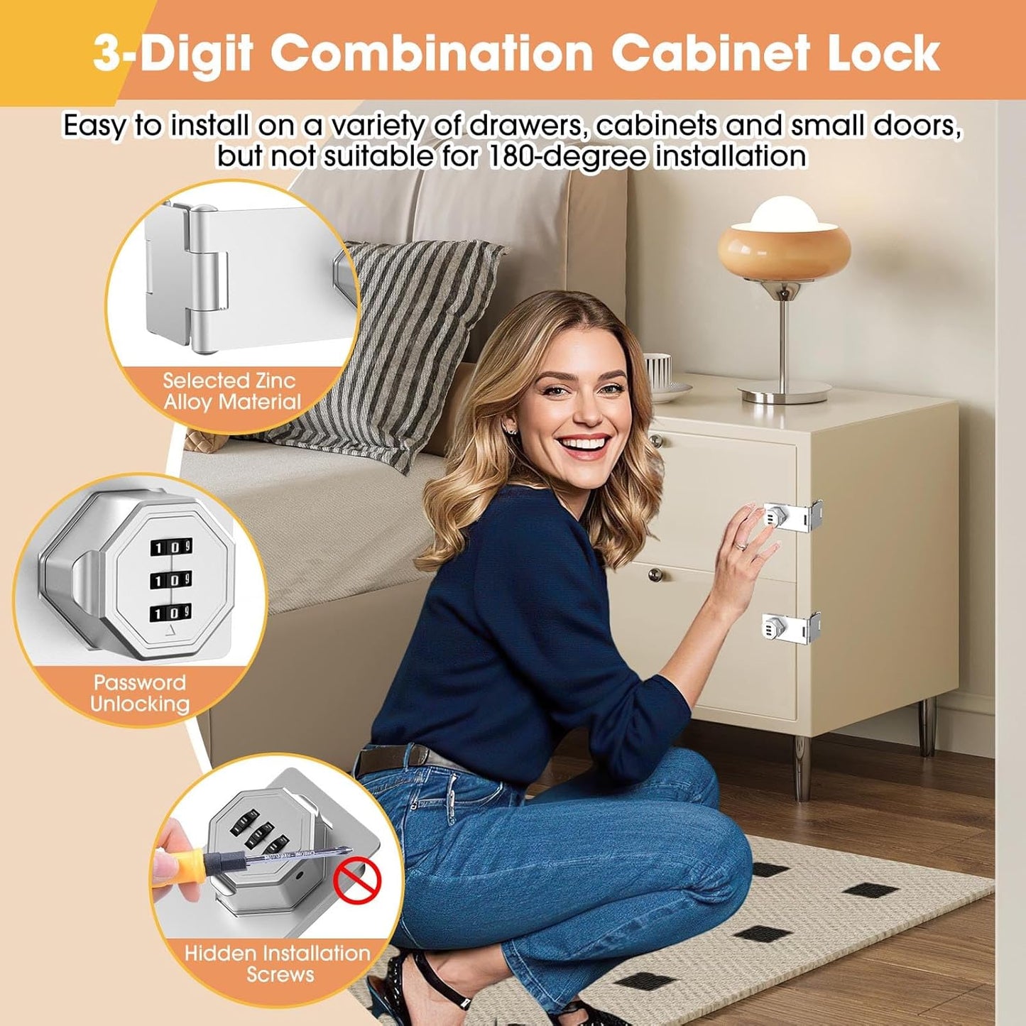 90 Degree Cabinet Locks with Combination, Mechanical Folding Door Latch, Keyless Password Rotary Hasp Latch Lock for Office File Cabinet, Drawers, Locker, Small Door, Cupboard (2, Silver)