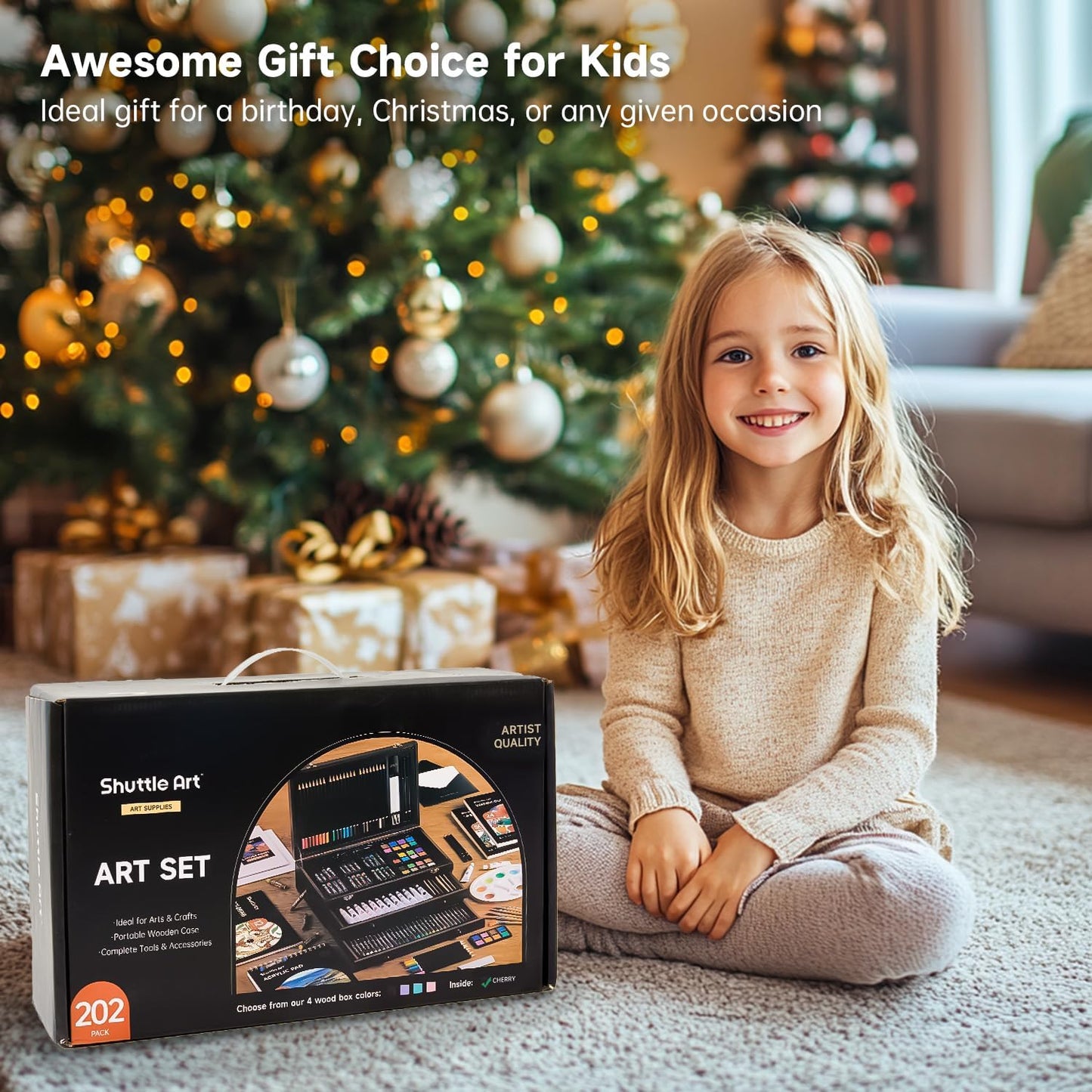 Shuttle Art Deluxe Gift Art Kit, 202-Piece Wooden Art Supplies Set with 4 Drawing Pads, Canvases, Coloring Sheets, Acrylic Paint, Crayons, Oil Pastels, Colored Pencils for Kids