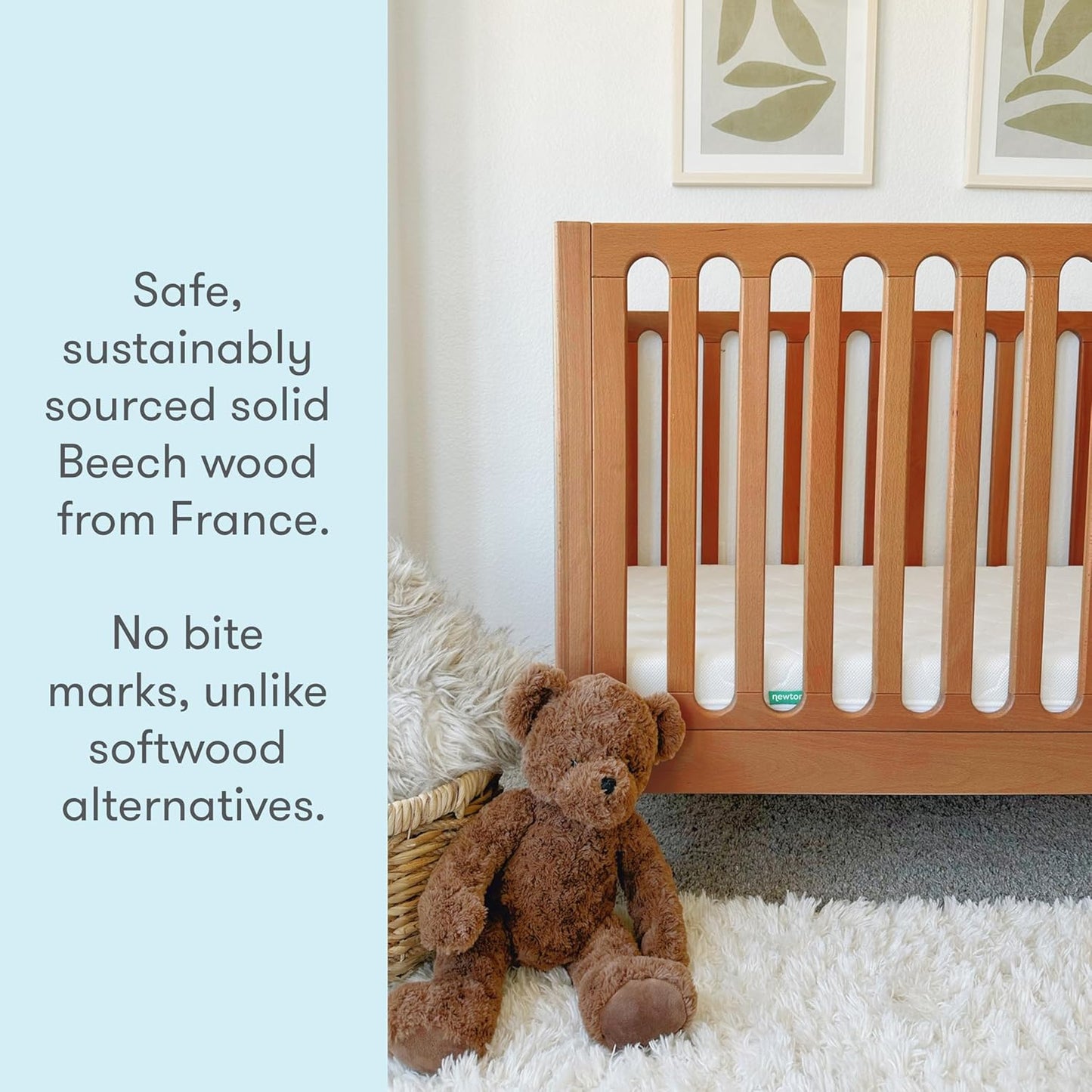 Newton Baby Galileo Standard Crib, Solid Beech Wood in Chestnut Color, 3-in-1 Convertible Crib with Toddler Bed Conversion Kit, Baby-Safe Finish