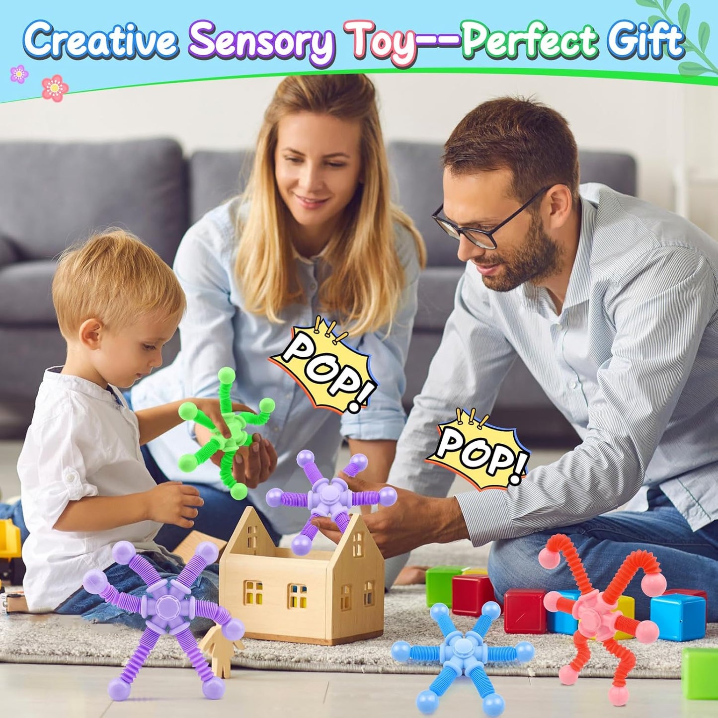 Cevioce Fidget Toys for Kids Adults, 3Pc Fidget Spinner Toys, Sensory Toys for Kids, Easter Basket Stuffers Presents, Pop Tubes Fidget Spinner - Top Stress & Anxiety Relief Sensory Toy(B)