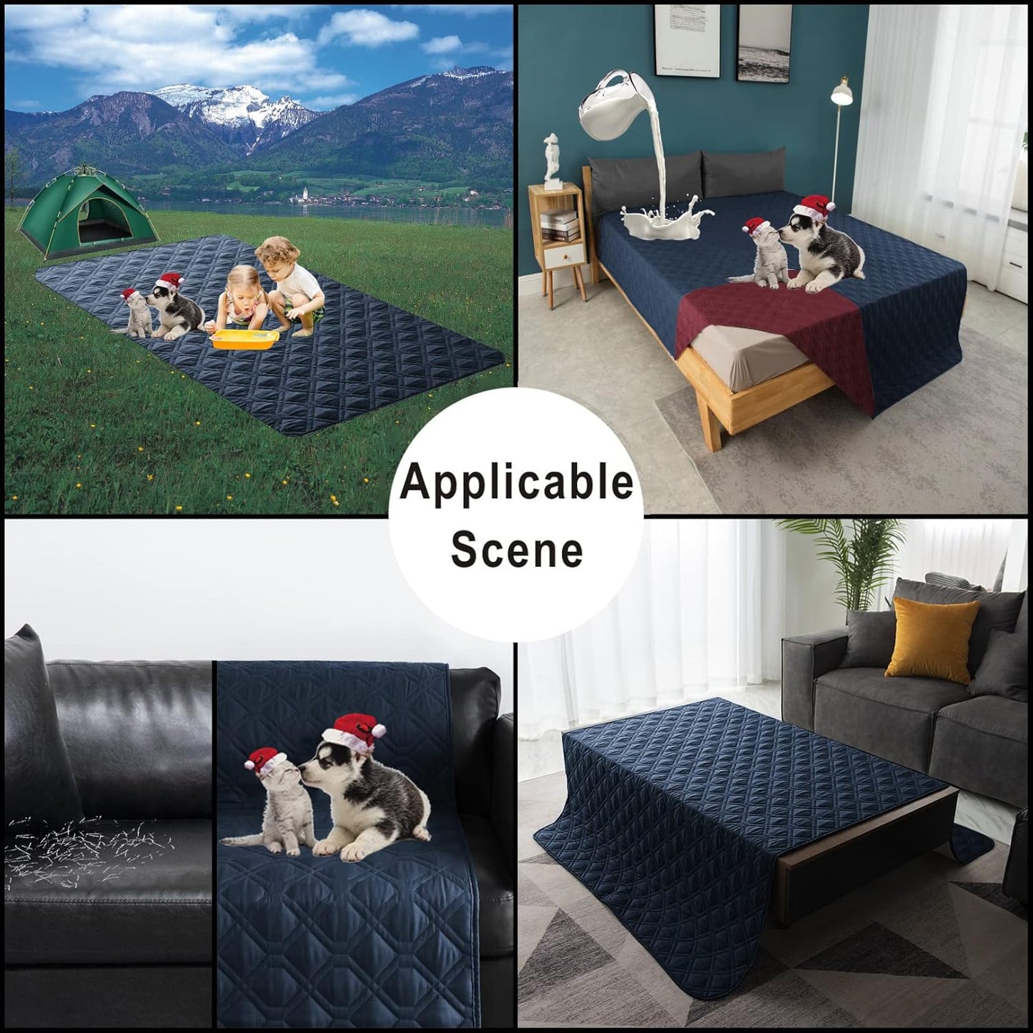 100% Waterproof Dog Bed Cover 86x82 inch Reversible Changing Pad Reusable Camping Mat for Kids/Pet/Dog/Cat Washable Geometric Embroidery Blanket Patchwork Navy+Burgundy