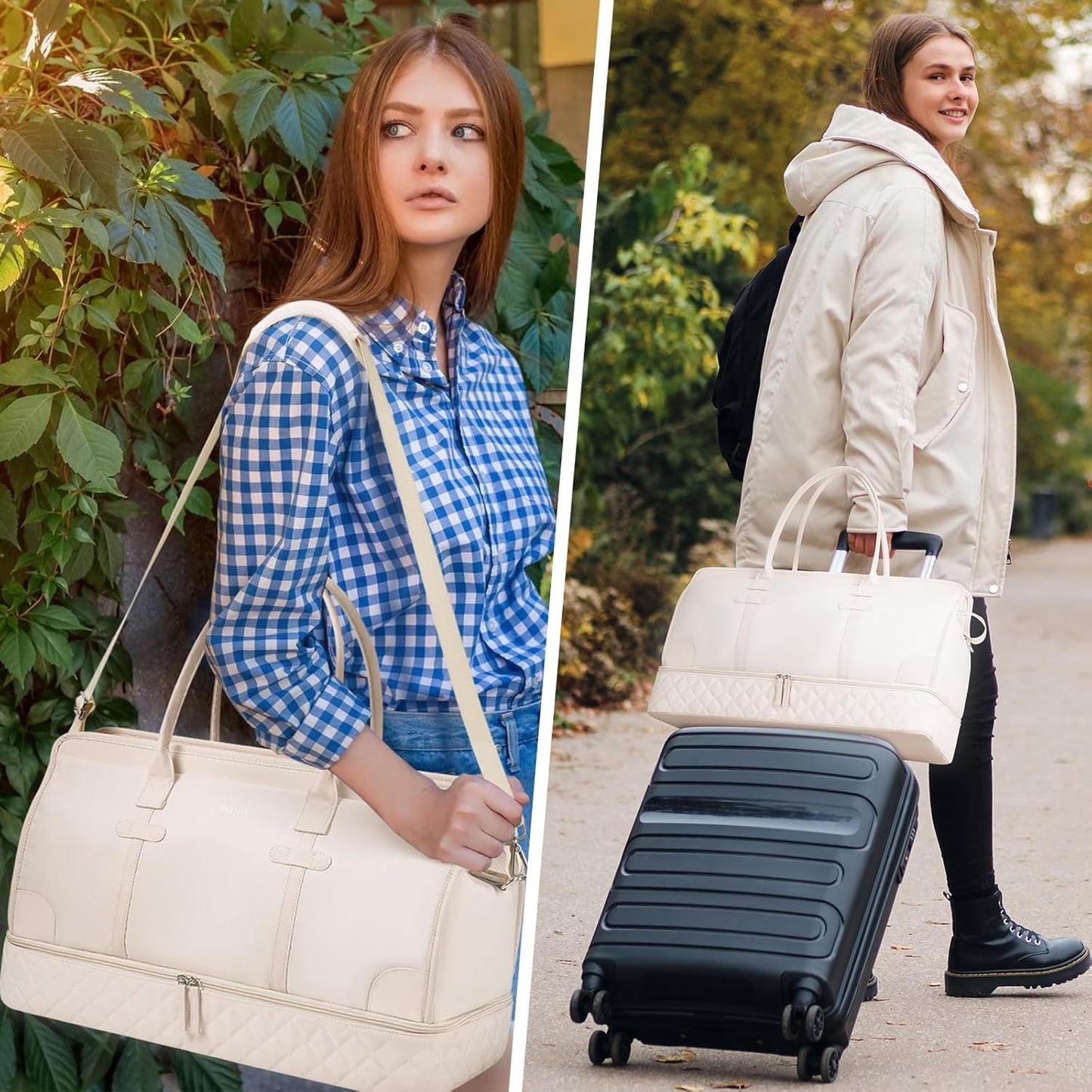 ETRONIK Weekender Overnight Bag for Women, Large Travel Duffle Bag with Shoe Compartment & Wet Pocket, Carry On Tote Bag Gym Duffel Bag with Toiletry Bag, Bag for Hospital 3 Pcs Set, XL Size, Beige