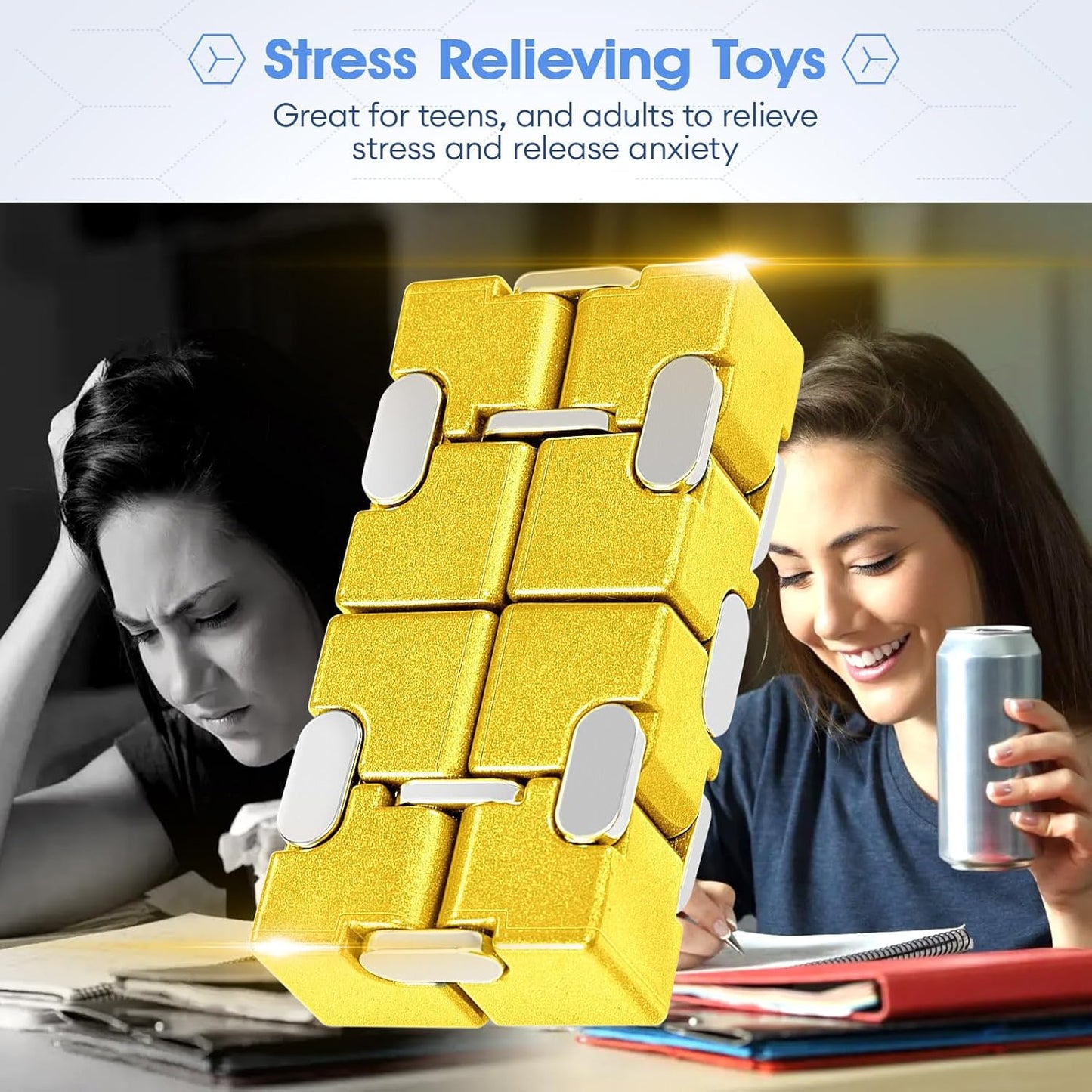 Fidget Cube, Zinc Aolly Metal Infinity Cube Fidget Desk Toy, Punk Style Design With Exquisite Case, Durable and Heavy Cool Gadgets, Adult Fidget Toys for Alleviate Stress and Anxiety(Yellow)