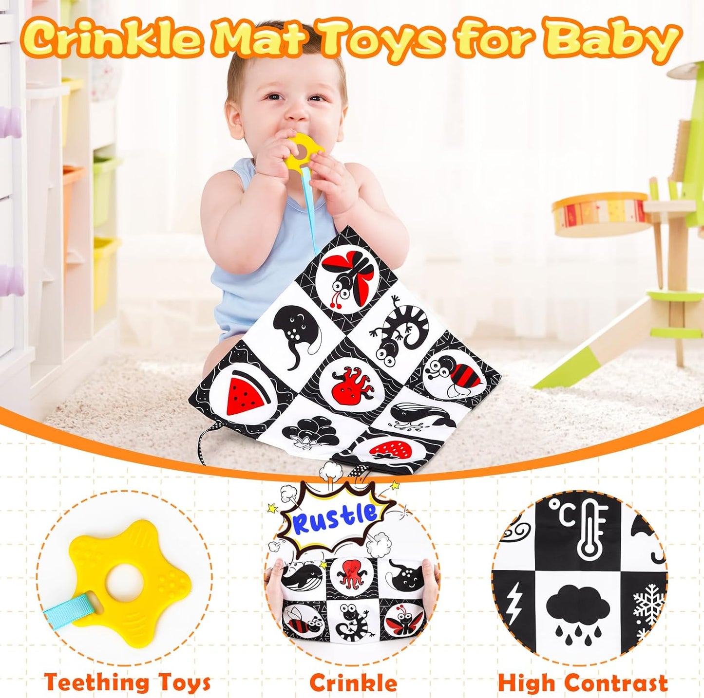 High Contrast Baby Toys for Newborn Infant 0-6 Months Montessori Tummy Time Black and White Sensory Crinkle Toys 0-3 3-6 Months Soft Books Carseat Toys for Baby Boys Girls Easter Basket Stuffers Gifts