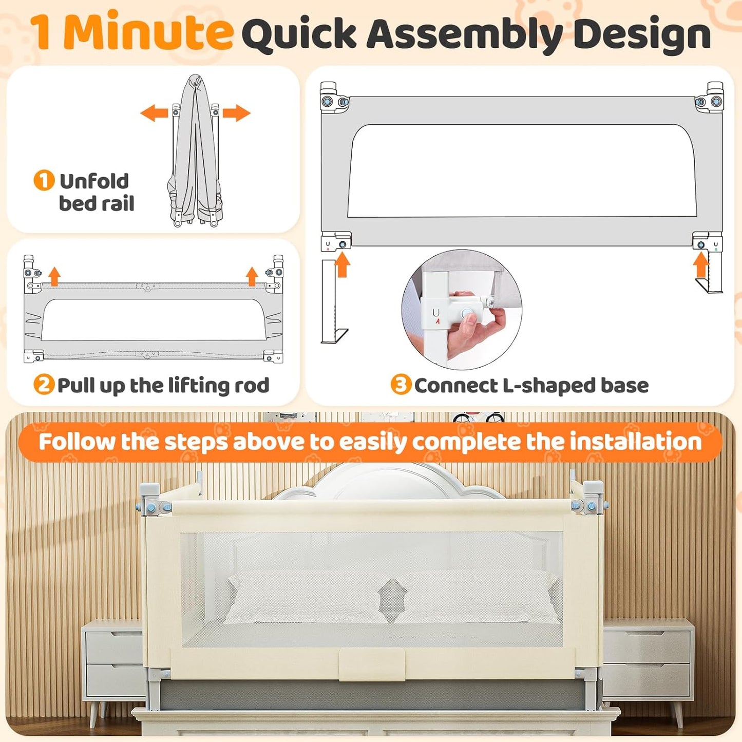 Bed Guard Rail for Toddlers - 59" Quick Assembly & Double Side Lift with Safety Child Lock - Adjustable Height Baby Bed Rails for Queen Full King Twin Crib Bunk Size Bed(Beige, 1 Pack)