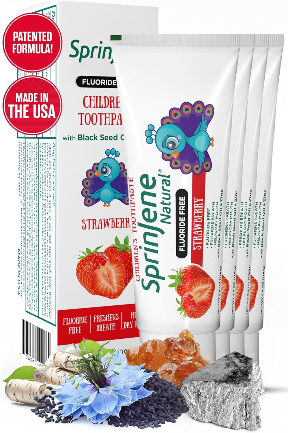 SprinJene Natural Kids Toothpaste, Strawberry | Natural Childrenโs Toothpaste | Fluoride Free Toothpaste for Toddlers | 4 Pack