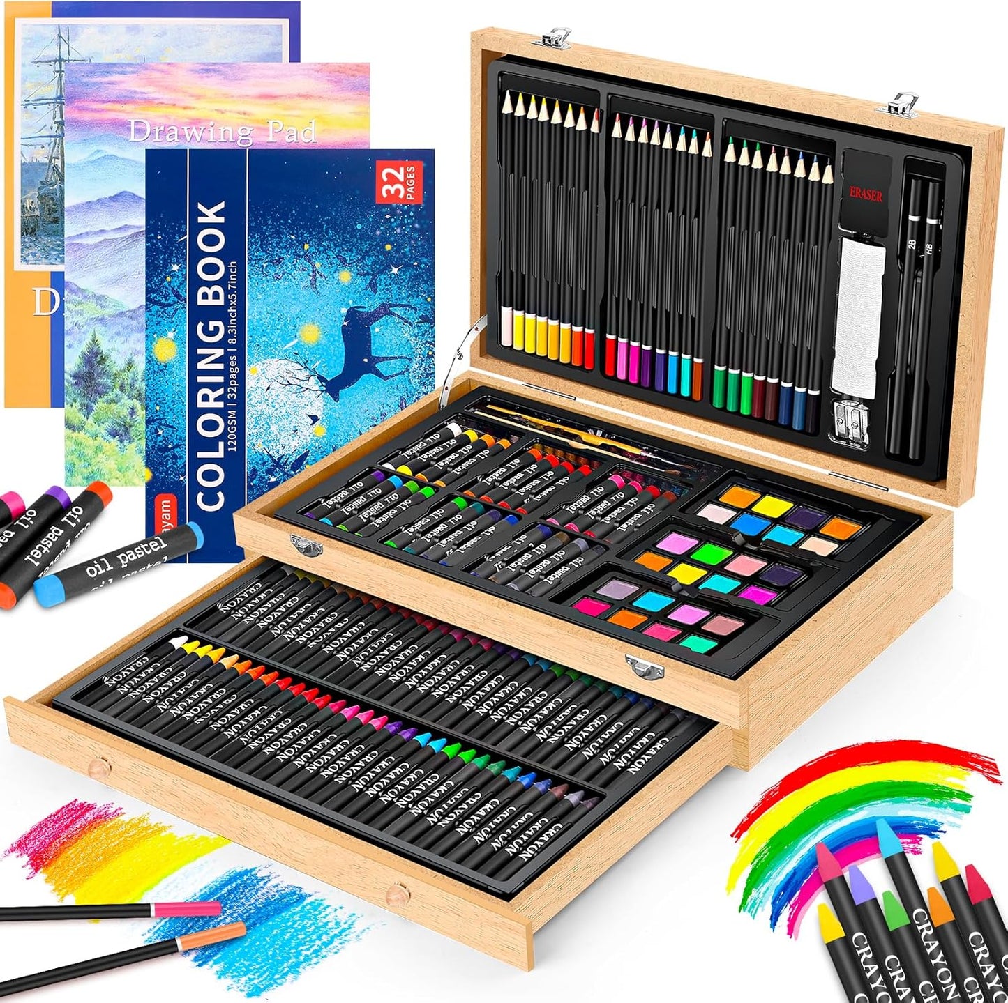 Art Supplies, iBayam 150-Pack Deluxe Wooden Art Set Crafts Drawing Painting Kit with 1 Coloring Book, 2 Sketch Pads, Creative Gift Box for Adults Artist Beginners Kids Girls Boys