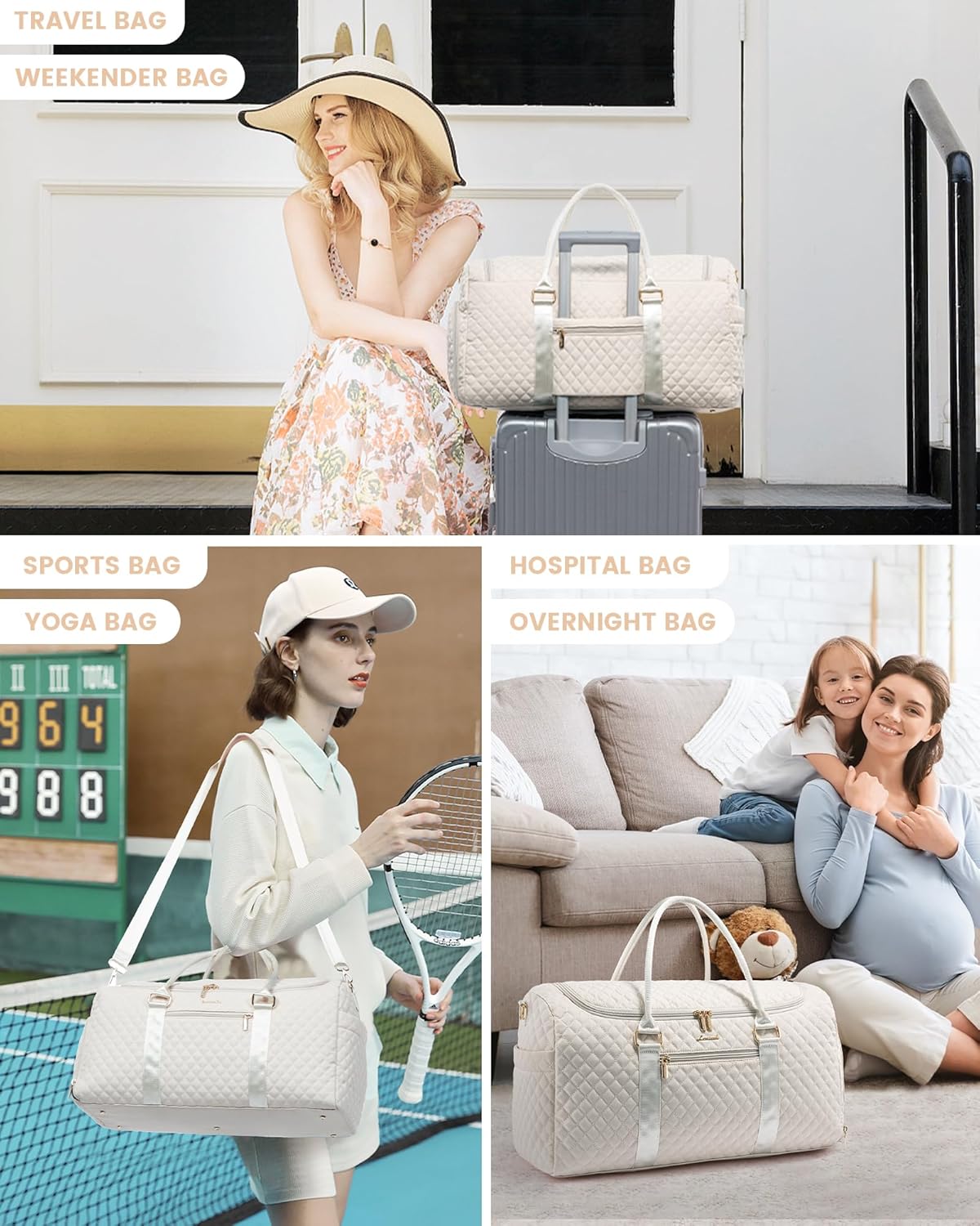 LOVEVOOK Travel Duffle Bag, 40L Weekender Overnight Bags with Toiletry, Quilted Carry On Bag with Shoe Compartment, Gym Duffel Bag with Wet Pocket for Women, Hospital Bags for Labor and Delivery