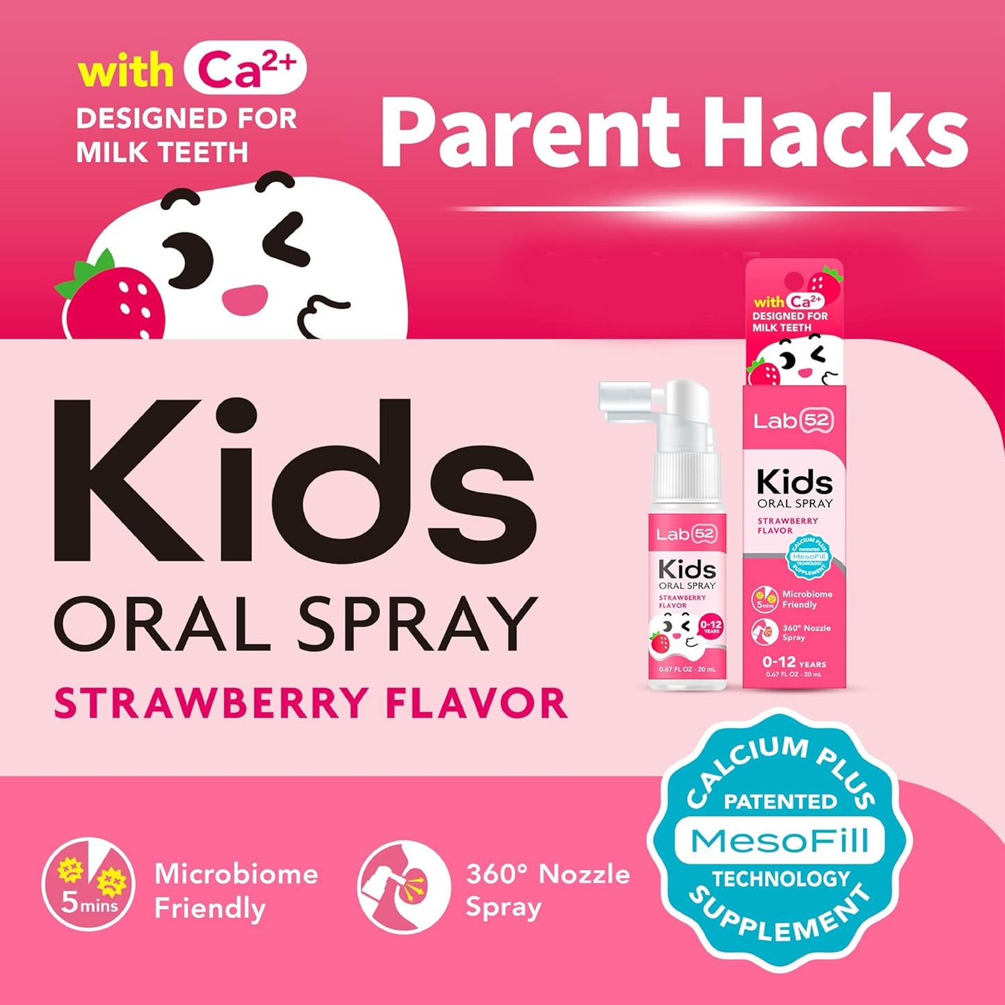 LAB52 Kids Oral Spray, Toddler Toothpaste Helper for Daily Oral Care and Fresh Breath, Children Approved with Fluoride Free for Newborn to Preschoolers, Xylitol (Strawberry & Peach)
