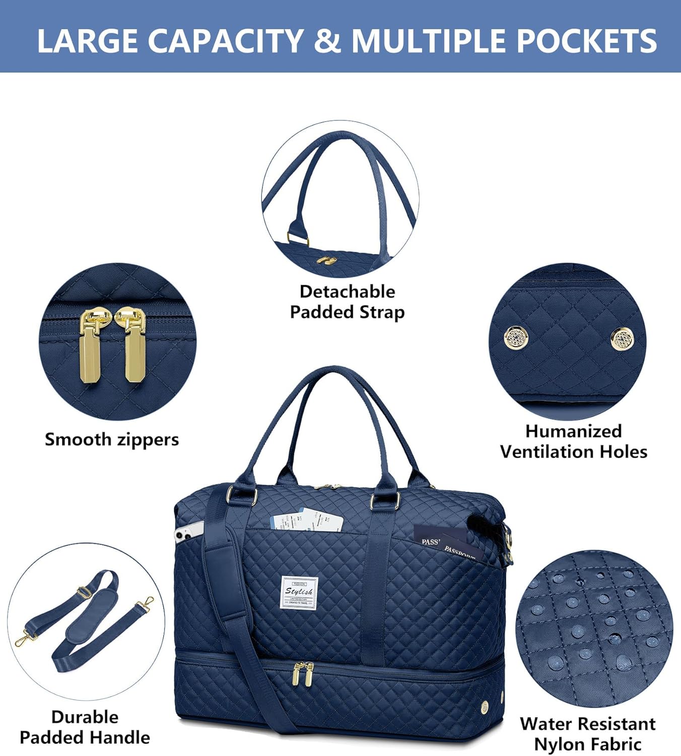 Weekender Bags for Women Duffle Bag - Travel Duffel Bag with Shoe Compartmen Carry on Overnight Bag with Toiletry Bag Gym Tote Bag with Wet Pocket Hospital Bags for Labor and Delivery Blue