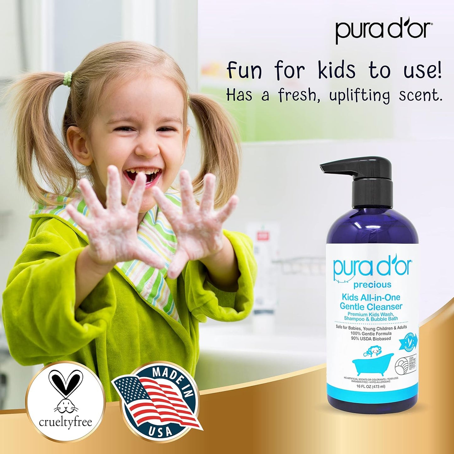 PURA D'OR Kids Wash (16oz x 3 = 48oz) All-in-One Gentle Cleanser - USDA Biobased, Sulfate-Free, Tear-Less, Hypoallergenic, Premium, Shampoo & Bubble Bath