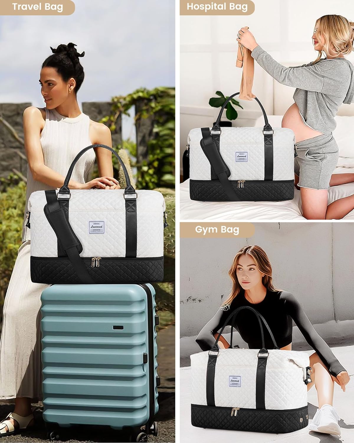 LOVEVOOK Travel Weekender Bag for Women, Carry on Overnight with Shoe Compartment, Travel Duffle Women, Yoga Gym Duffel with Wet Pocket, Hospital Bags for Labor and Delivery, 3 Pcs Set
