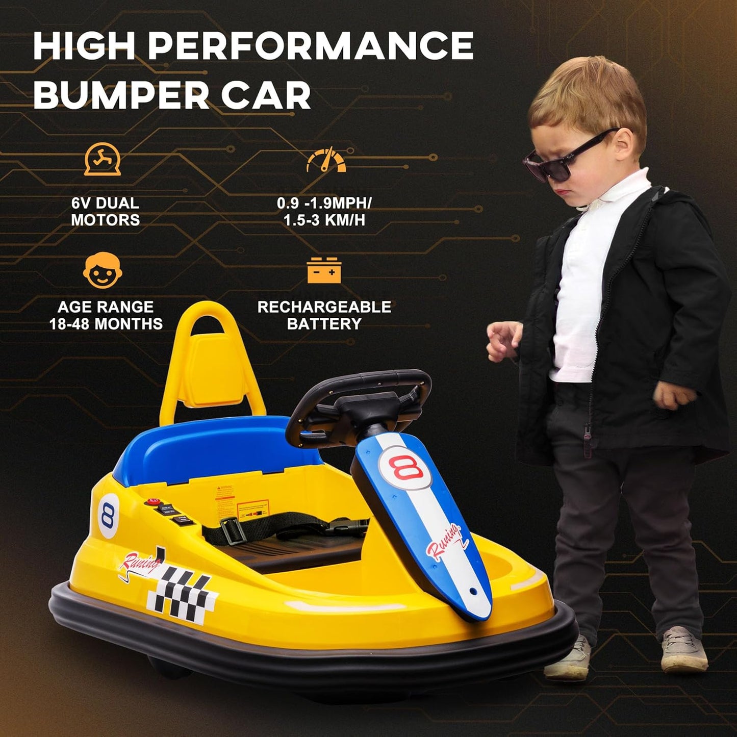 Aosom Toddler Bumper Car, 360° Rotation 6V Kids Electric Ride on Bumper Car with EVA Bumper Edges, Twins Motor, Songs, Horn, LED Lights, Safety Belt for 18-48 Months, Yellow