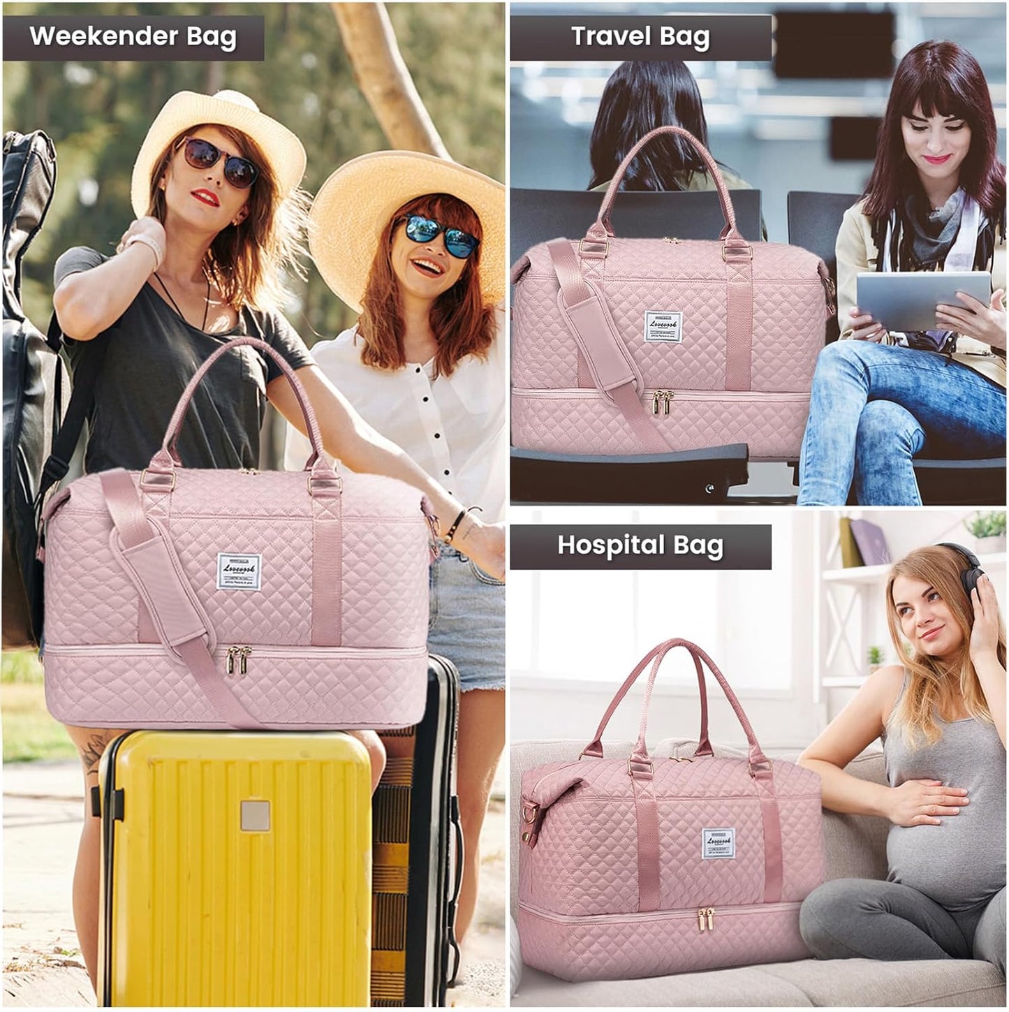 LOVEVOOK Travel Duffle Bag,Weekender Bags for Women with Shoe Compartment,Carry on Overnight Bag with Toiletry Bag,Gym Duffel Bag with Wet Pocket, Hospital Bags for Labor and Delivery