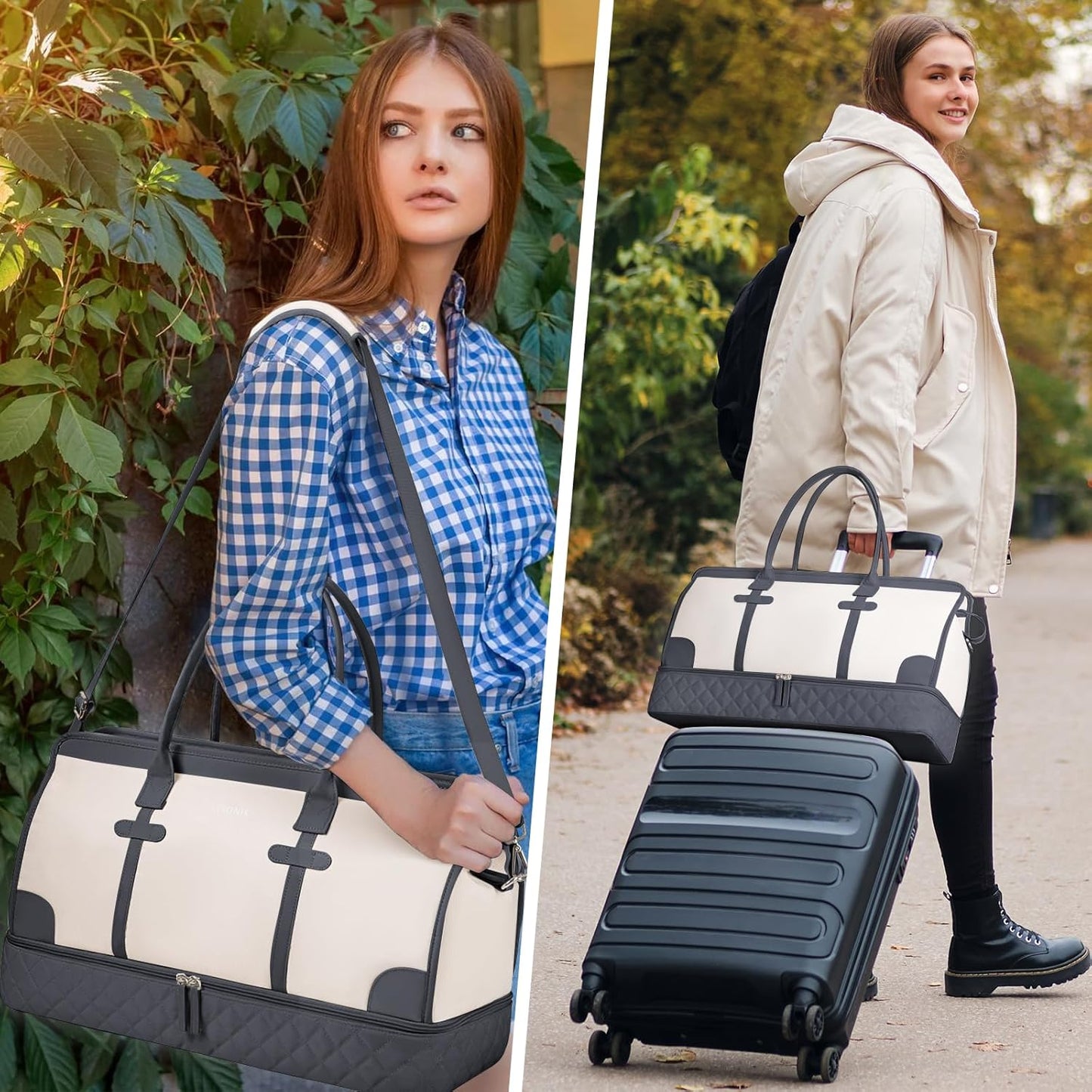 ETRONIK Weekender Overnight Bag for Women, Large Travel Duffle Bag with Shoe Compartment & Wet Pocket, Carry On Tote Bag Gym Duffel Bag with Toiletry Bag, 3 Pcs Set, Large Size, Dark Grey-Beige