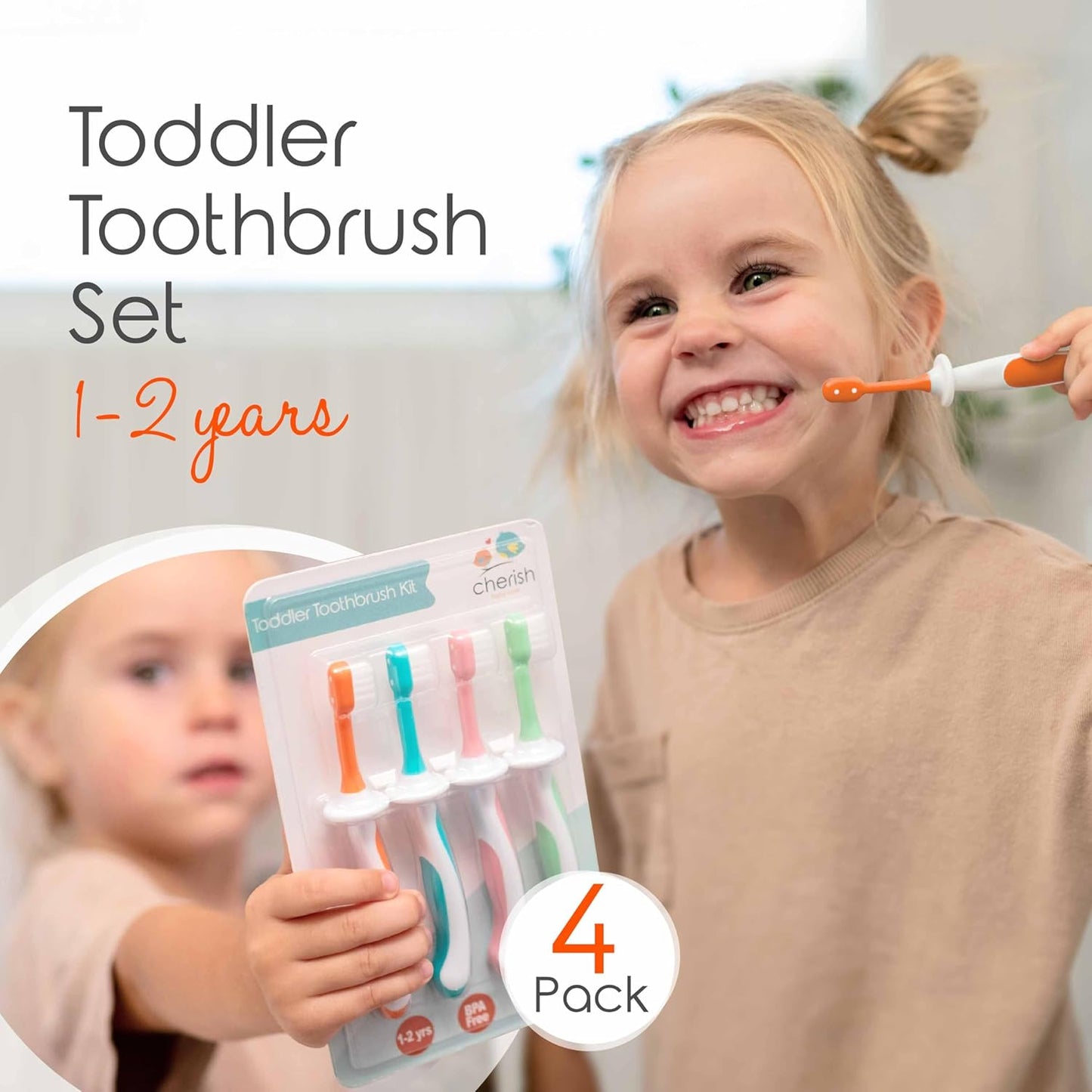 Cherish Baby Care Toddler Toothbrushes 1-2 Years (4-Pack) - BPA-Free & Safety-Tested Kids Toothbrush Kit, Designed by a Pediatric Dentist, Soft-Grip Toothbrush for Kids, My First Toothbrush Set