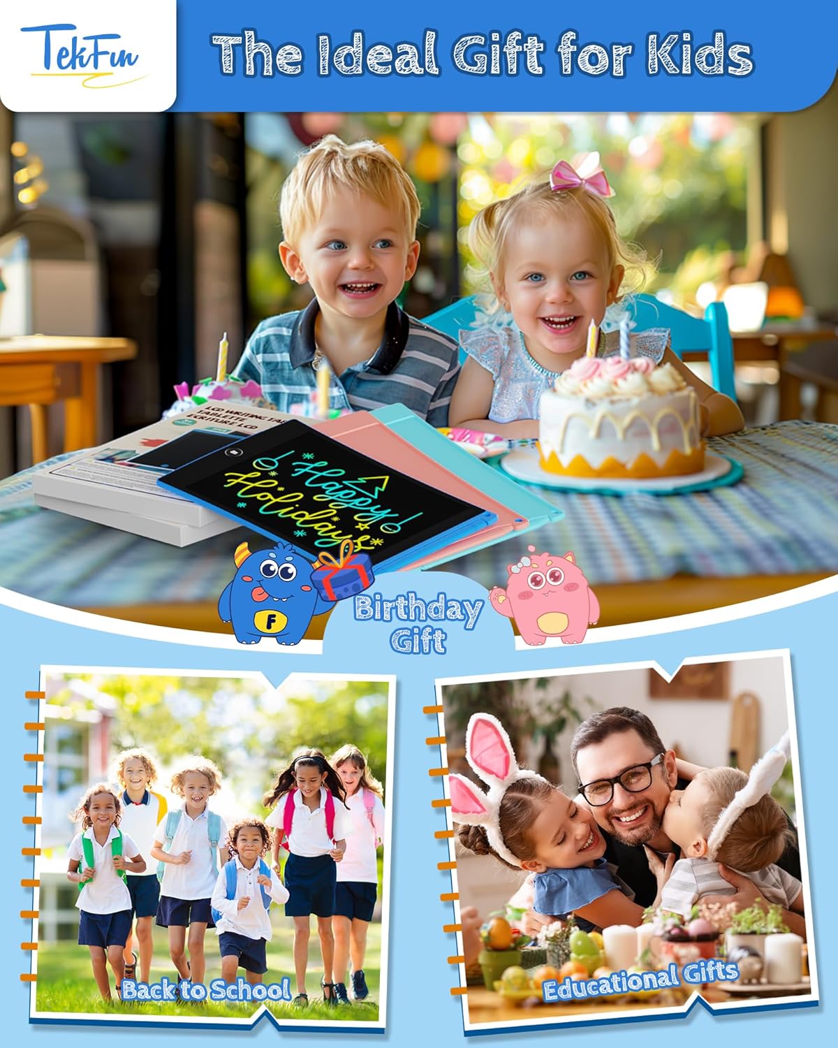 TEKFUN 8.5in 2 Pack LCD Writing Tablet for Kids Coloring Doodle Board Magic Drawing Pad for Kids with Anti-Lost Stylus, Car Trip Educational Toys Birthday Gift for 3 4 5 6 7 Kids Girls Boys Toddlers