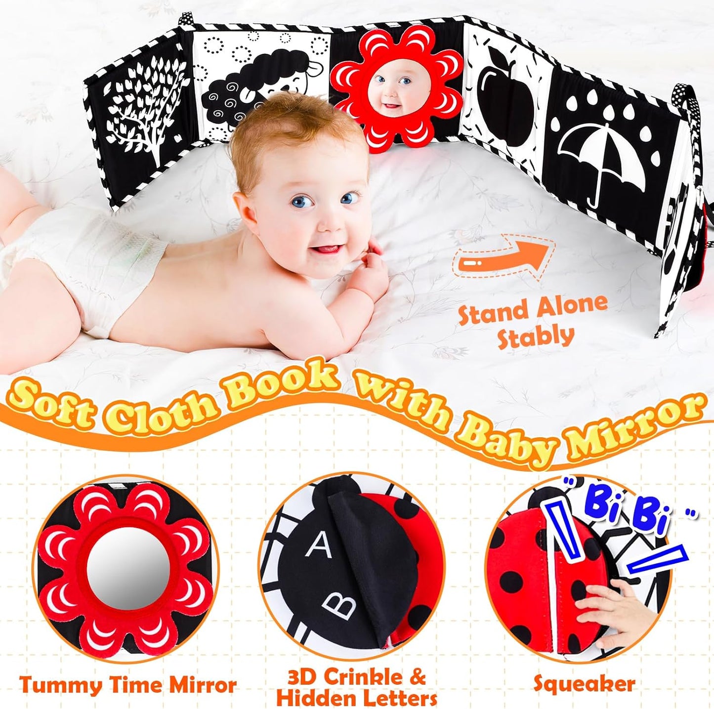 High Contrast Baby Toys for Newborn Infant 0-6 Months Montessori Tummy Time Black and White Sensory Crinkle Toys 0-3 3-6 Months Soft Books Carseat Toys for Baby Boys Girls Easter Basket Stuffers Gifts