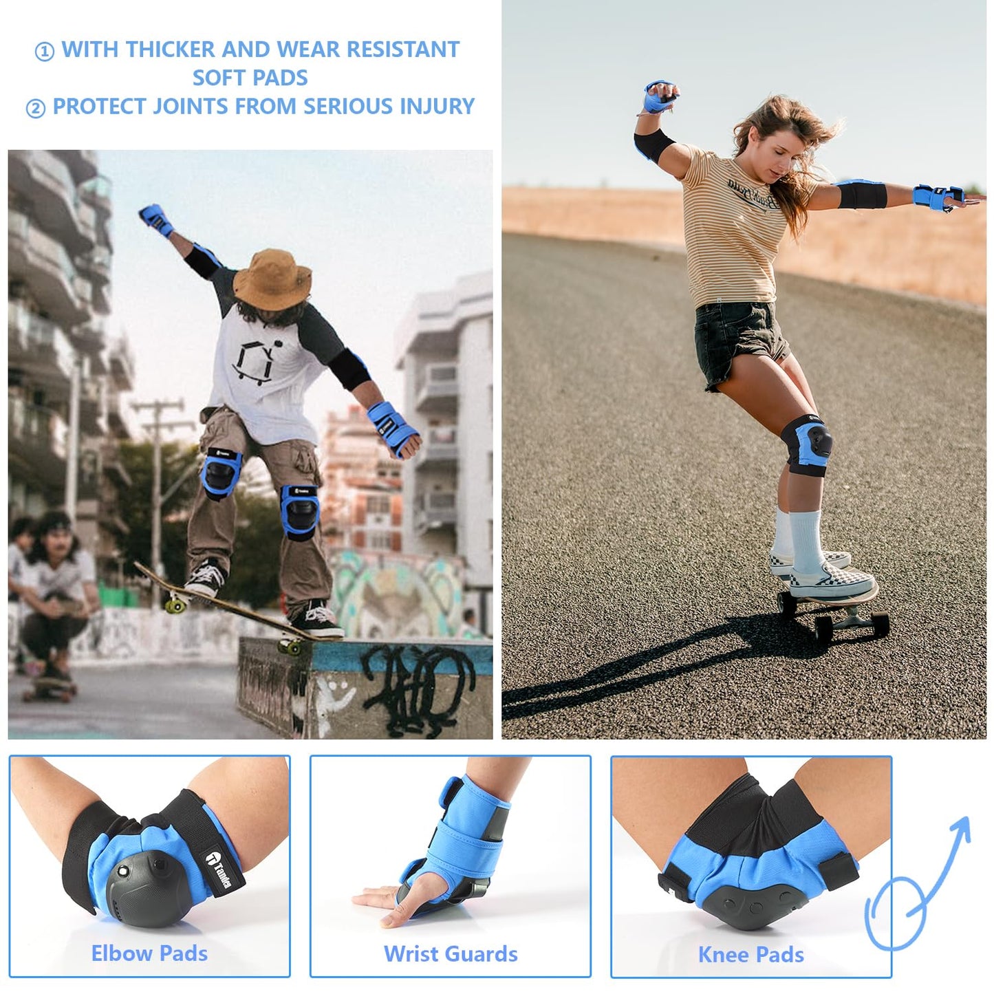 Skating Protective Gear Kids Knee Pads and Elbow Pads Set, Bike Knee Pads for Kids Wrist Guards for Roller Skating Toddler Knee and Elbow Pads Blue, Child (3-9 years)