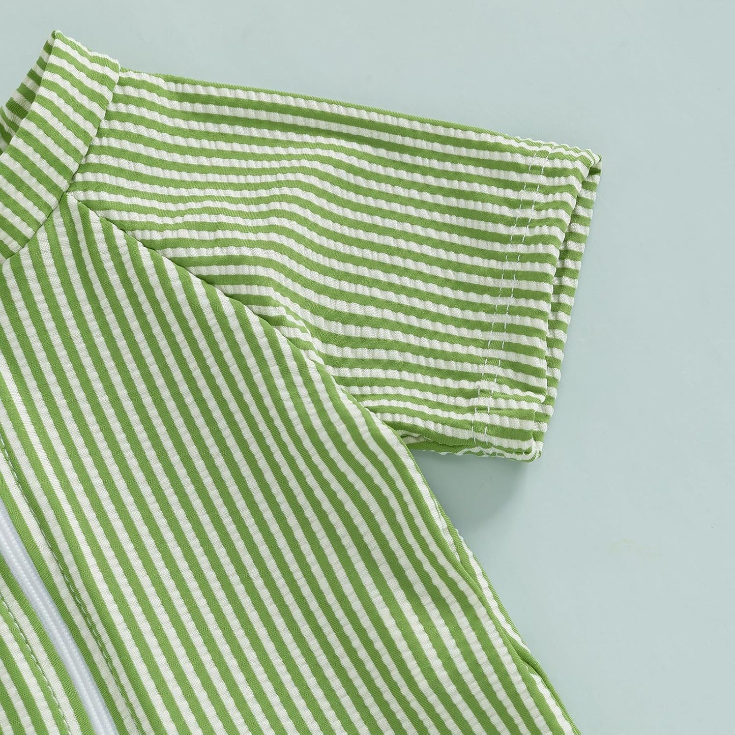 Toddler Baby Boys Seersucker Short Sleeve One Piece Rash Guard Swimsuit Zipper Bathing Suit Swimwear with Hat