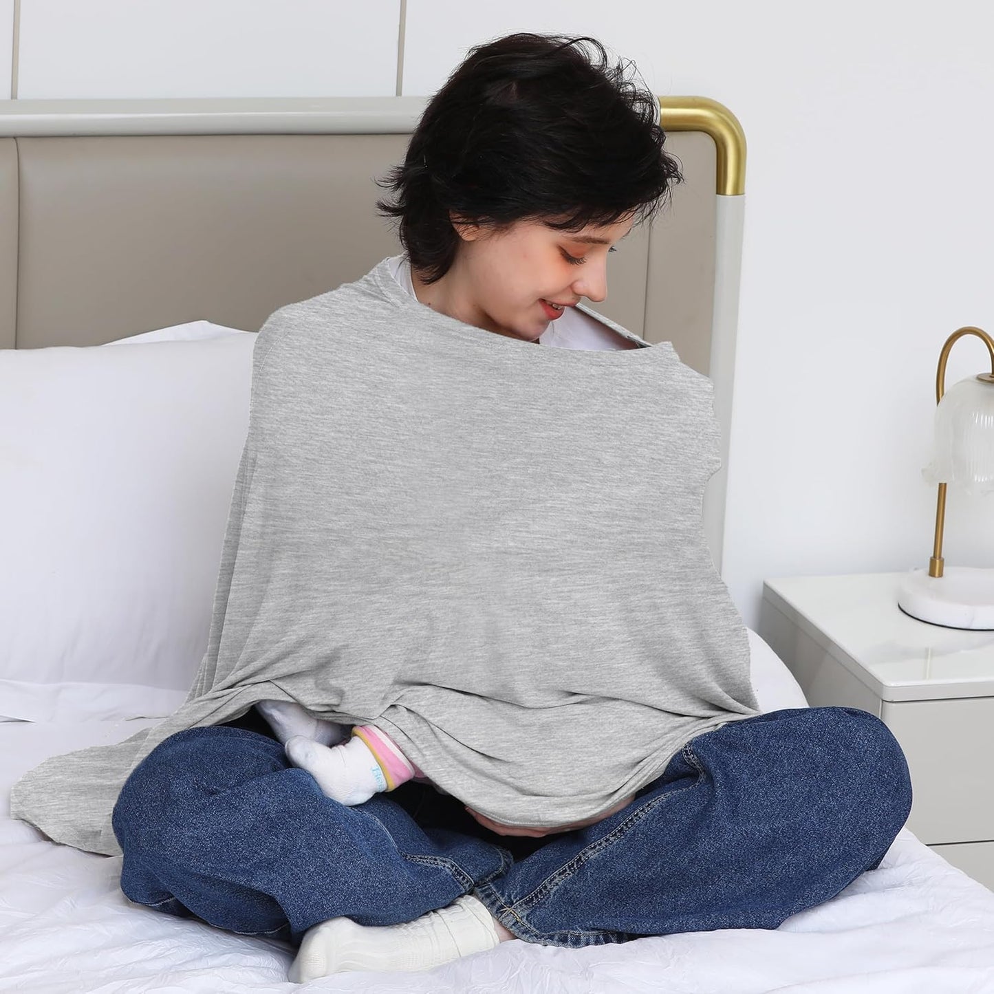 Nursing Cover for Breastfeeding, 360°Full Coverage Nursing Poncho, Rayon Soft & Breathable Breastfeeding Cover up (Smooth Rayon, Knit Grey)