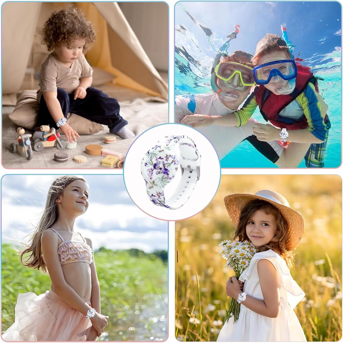 Waterproof AirTag Bracelet for Kids, Soft Silicone Air Tag Hidden Holder Case Compatible with Apple Airtag, Adjustable Anti-Lost Printed Strap GPS Traker for Toddler Child(Iris Flower)