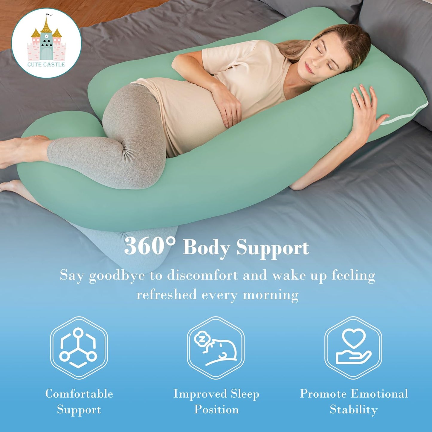 Cute Castle Cooling Cover Pregnancy Pillows, Soft U-Shape Maternity Pillow with Removable Cover - Full Body Pillows for Adults Sleeping - Pregnancy Must Haves - Jumbo 57 Inch - Green