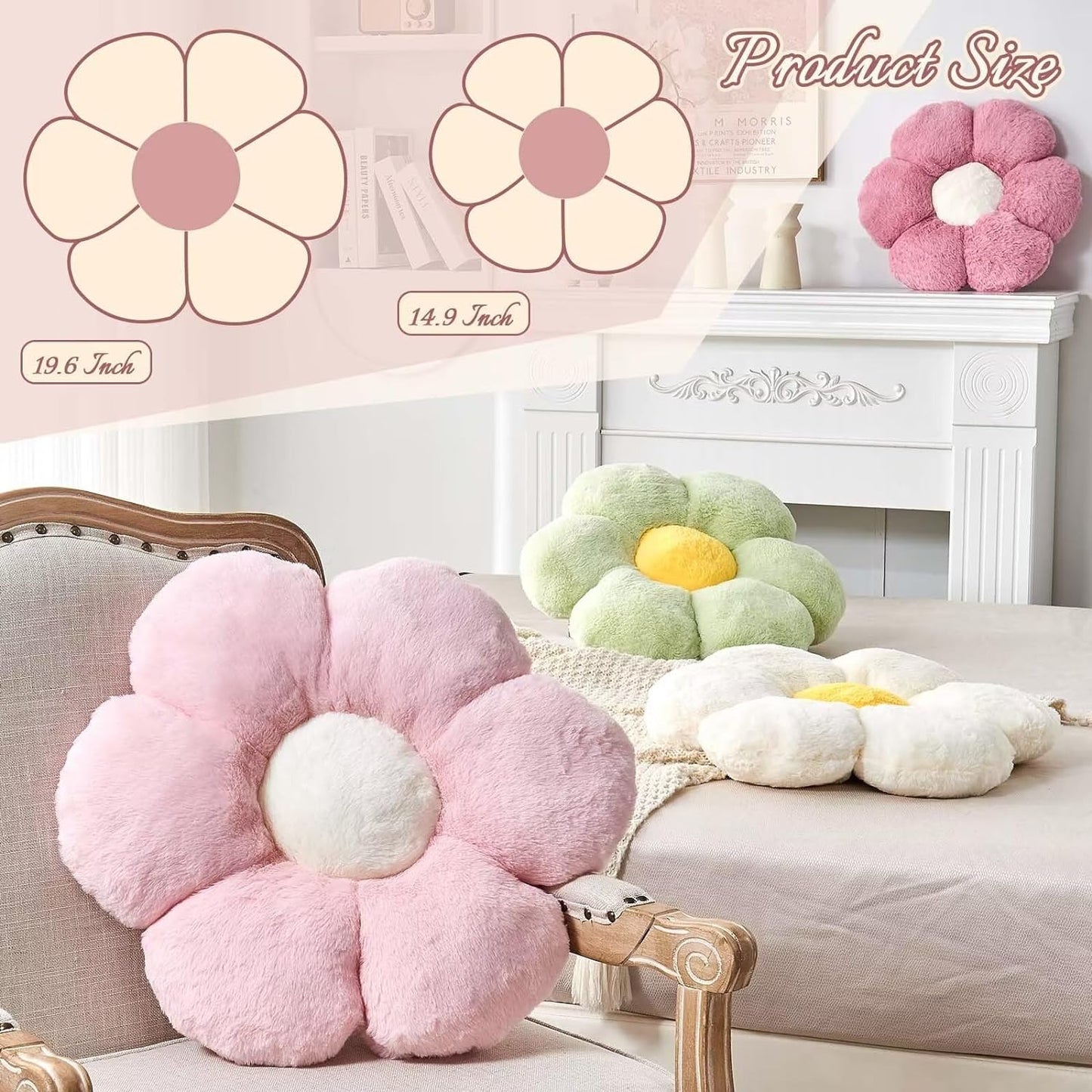 Purple Flower Pillow - Cute Decorative Throw Pillow Shaped Like a Flower, 14.9" Soft Plush Faux Rabbit Fur Cover for Bedroom Living Room