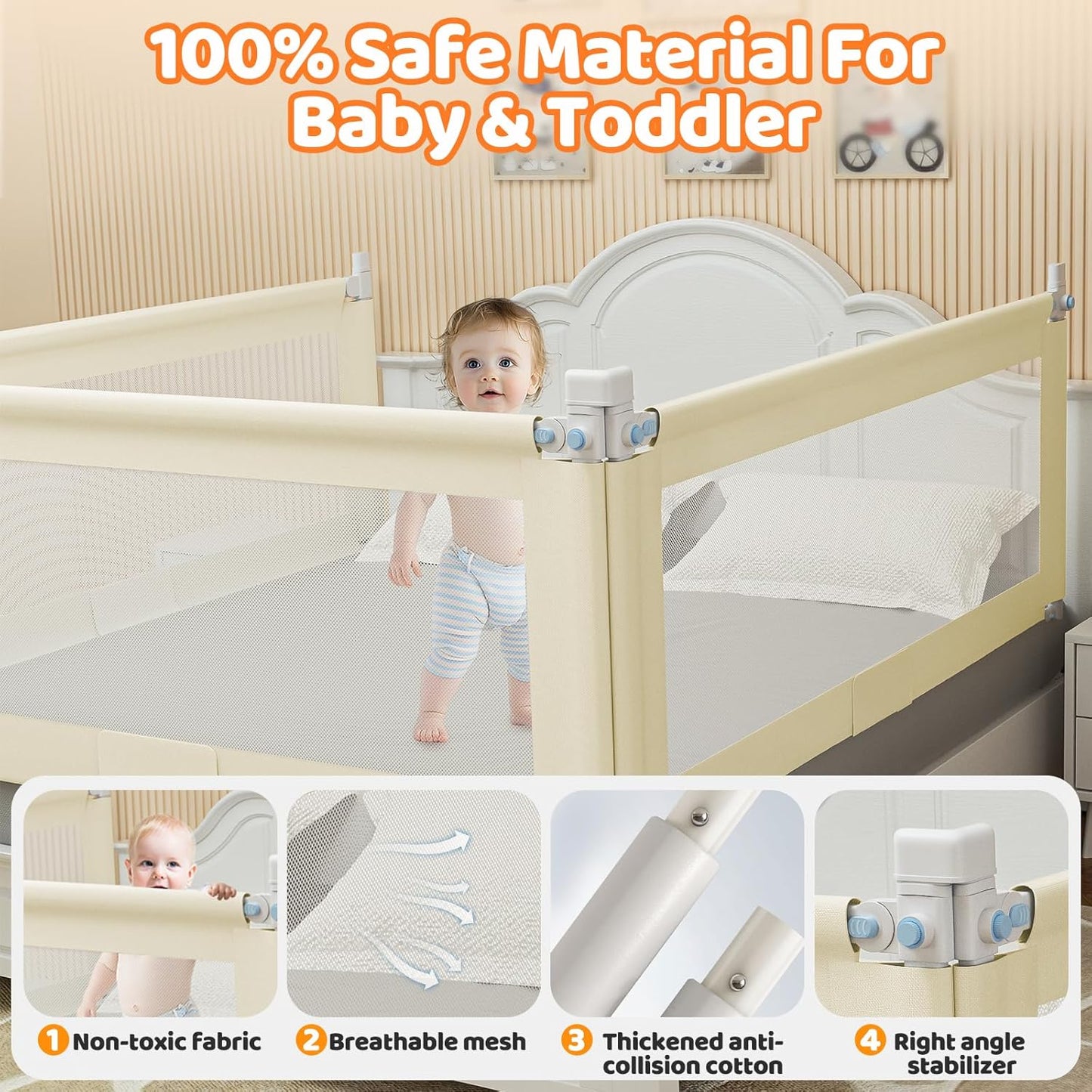 Bed Guard Rail for Toddlers - 59" Quick Assembly & Double Side Lift with Safety Child Lock - Adjustable Height Baby Bed Rails for Queen Full King Twin Crib Bunk Size Bed(Beige, 1 Pack)