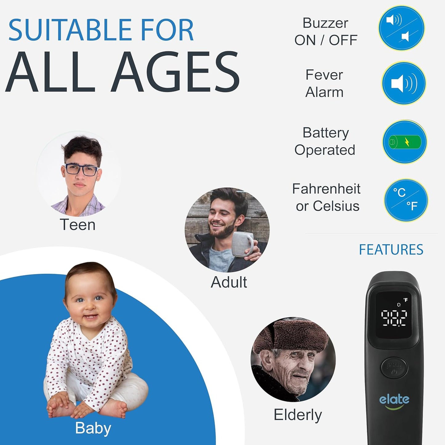 Elate Non-Contact Forehead Thermometer for Adults and Kids, No-Touch Digital Baby Thermometer for Infants/Newborns, Medical Grade, FSA HSA Eligible, Touchless Temporal Thermometer for Fever