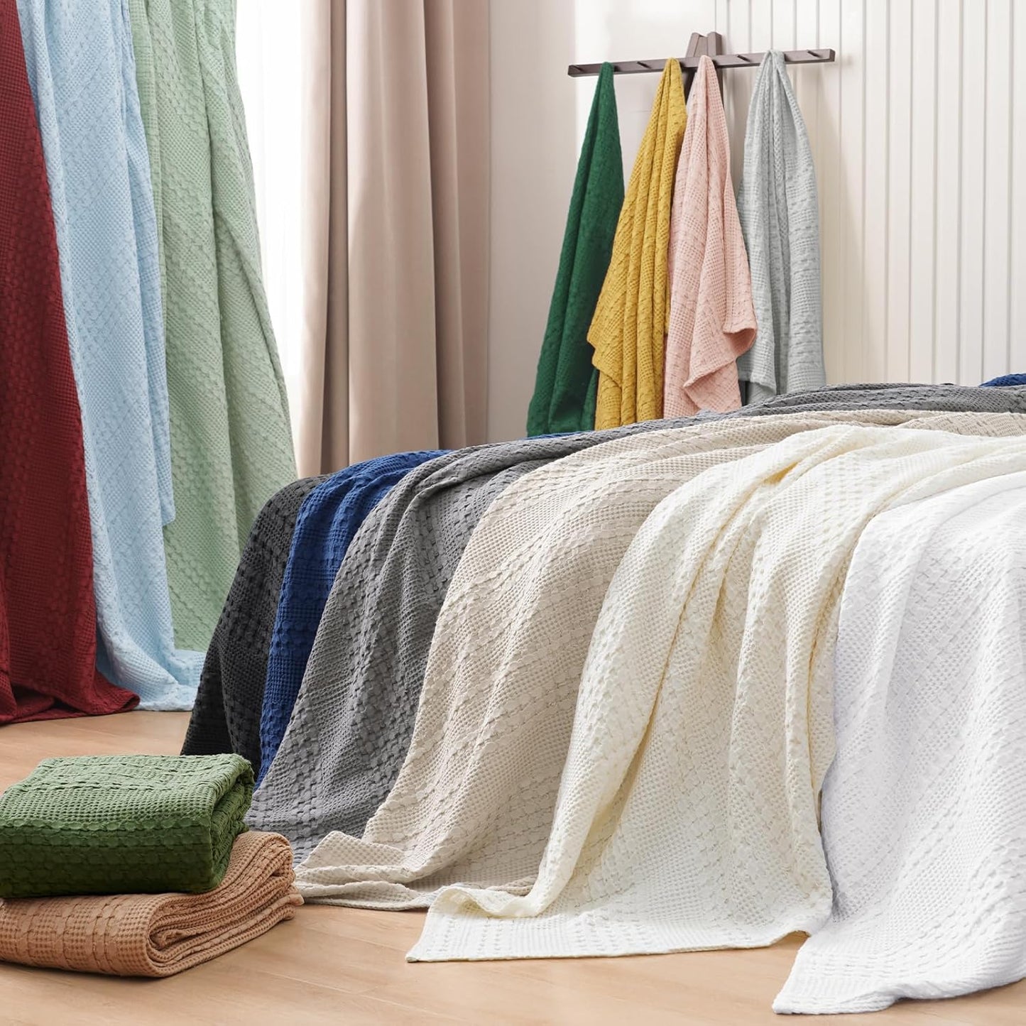 PHF 100% Cotton Waffle Weave Blanket Queen Size, Soft Lightweight Breathable Cozy Summer Blankets for Bed, Luxury Aesthetic Woven Bedding for Home Decor, 90"x90", Khaki