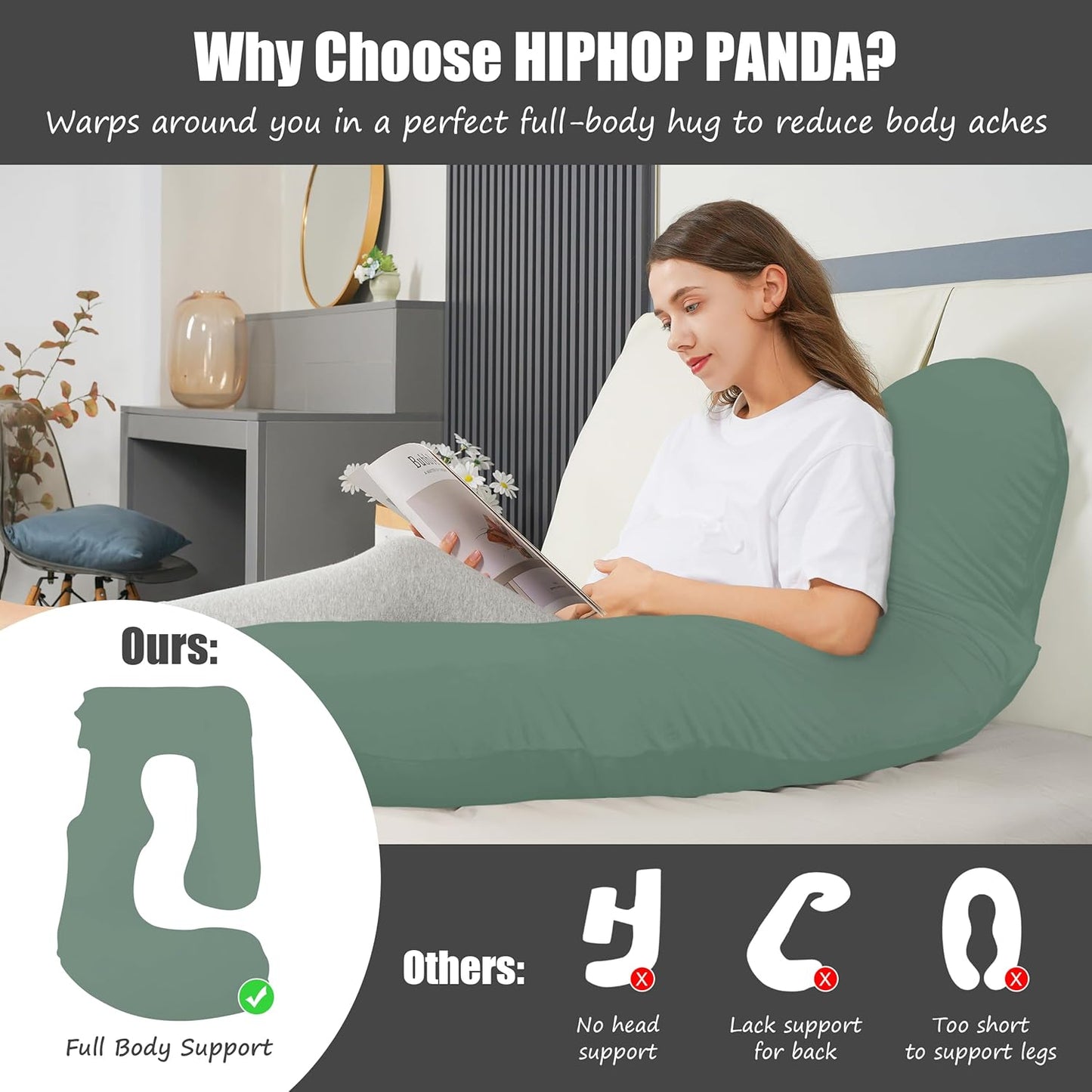 HIPHOP PANDA U-Shaped Pregnancy Pillow for Sleeping - Full Body Maternity Support Pillow with Cooling Removable Cover - Comfort for Back, HIPS, Legs, Belly - 57 Inch for Pregnant Women, Green