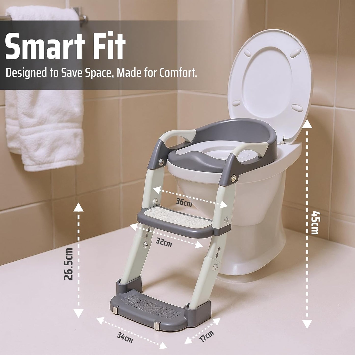3-in-1 Toddler Potty Training Toilet Seat with Foldable Ladder β Adjustable Toddler Toilet Seat for Boys & Girls with Soft Cushion, Ergonomic Backrest, Non-Slip Pedal and Safety Grips (White & Gray)