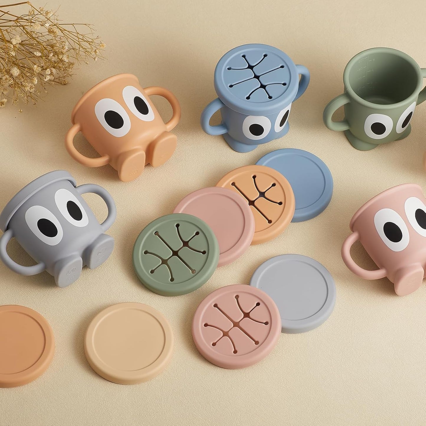 Silicone Snack Cups Food Container for Toddlers and Babies, Spill Proof Training Cup with Snack Cup Lid & Dust Proof Lid, Comes with a toy strap, Without BPA, Lead, or Phthalates (Beige)