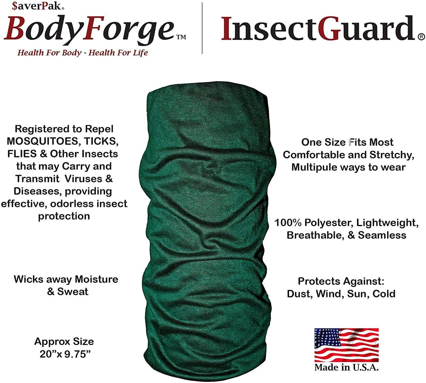 $averPak BodyForge & InsectGuard - Permethrin Treated Mosquitoes, Flies, Ticks & More Insect Repellent Tube Bandanna Neck Gaiter Headband (Green)