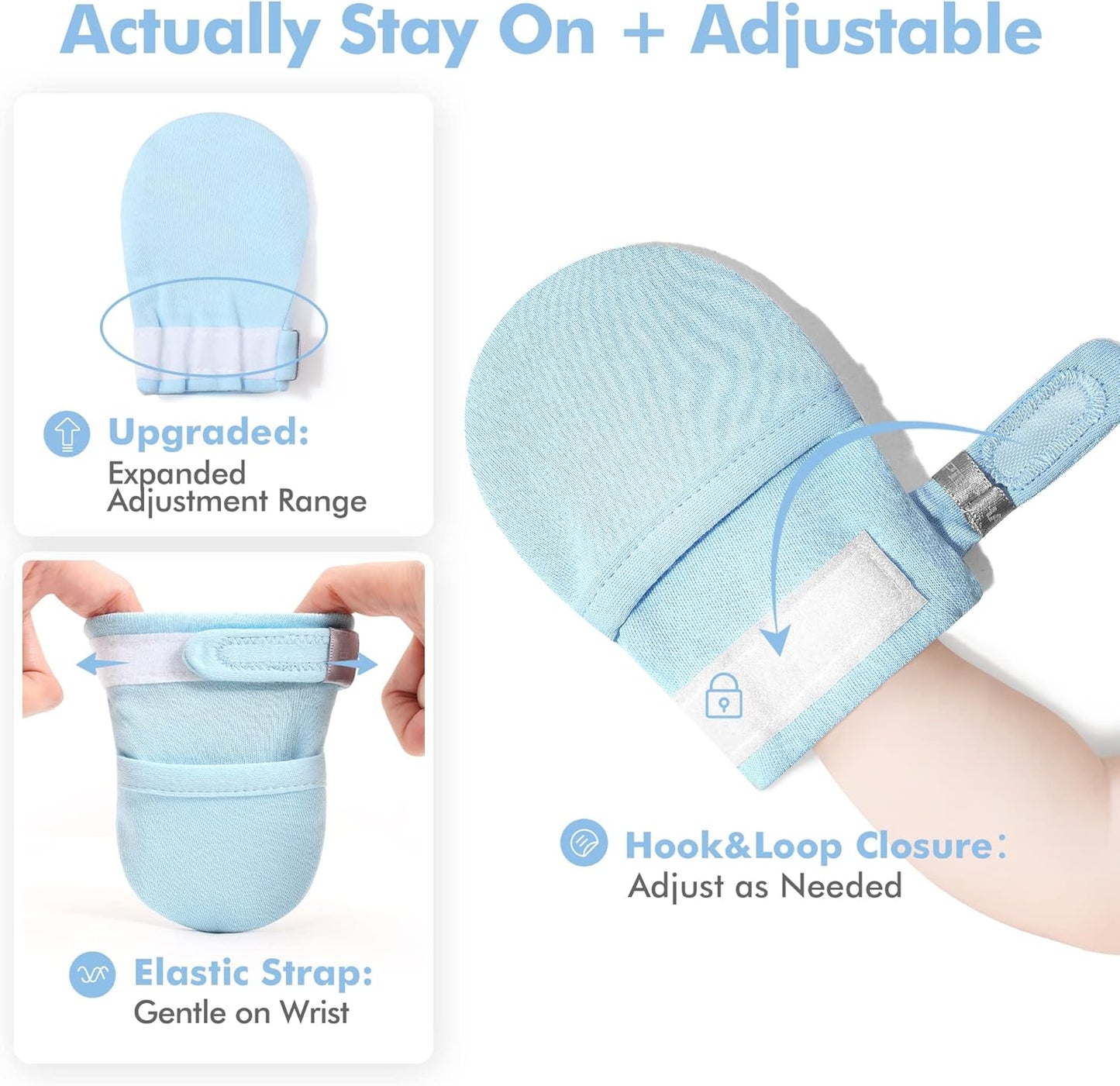 HAPIU Baby No Scratch Mittens Stay On, 100% Cotton Breathable, Adjustable Infant Gloves for Boys Girls, Newborn - 12 M