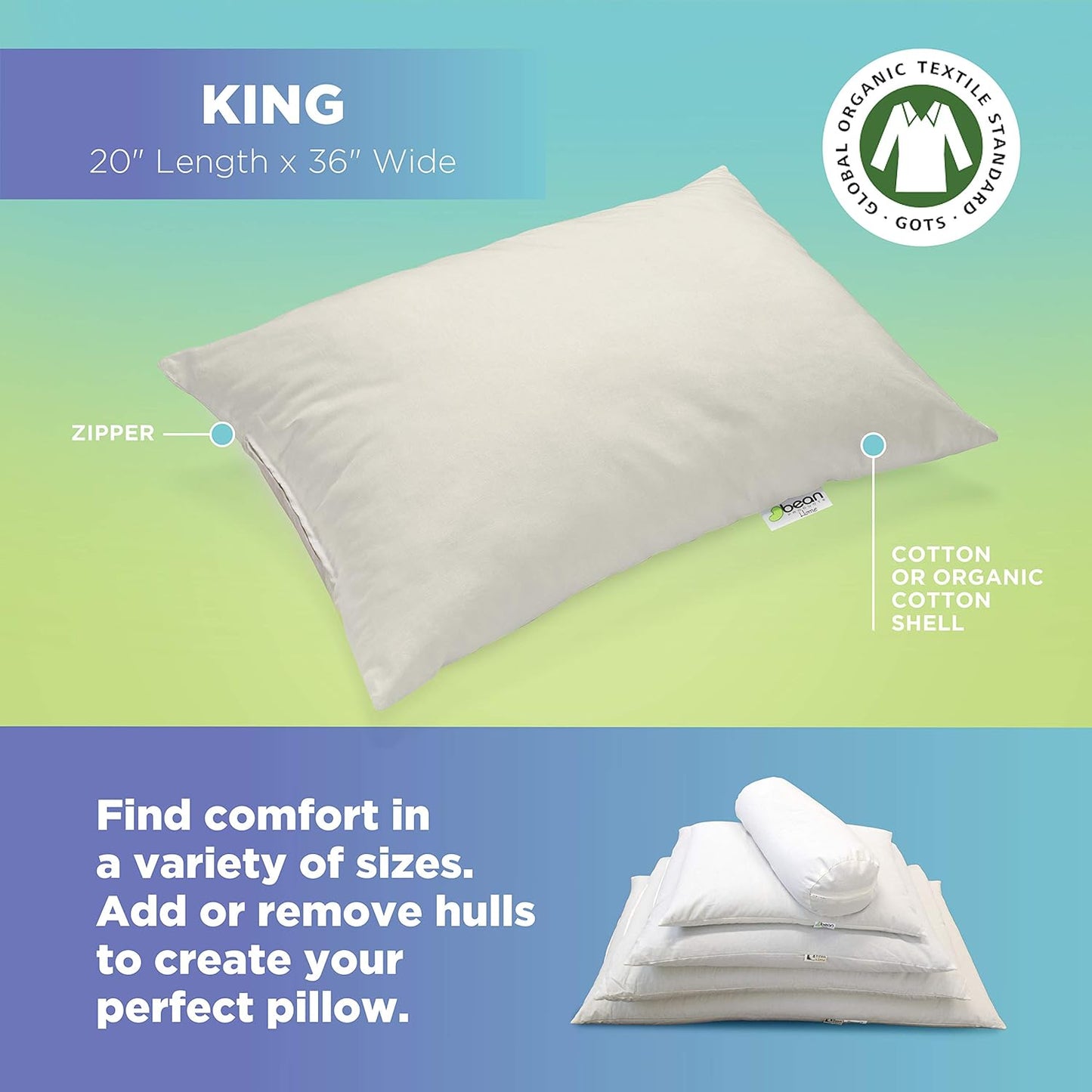 Bean Products 20" x 36" King Bed Pillow for Sleeping β Organic Millet Fill with Organic Cotton Fabric, Soft Head Pillow β Eco-Friendly, Breathable, and Durable Sleep Aid, Made in The USA