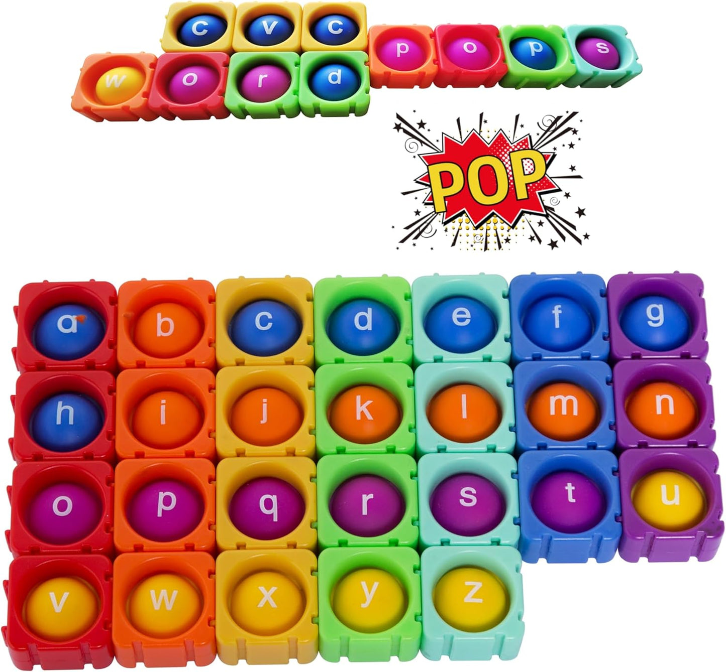 Lowercase Alphabet Multisensory Reading&Phonics Interactive Tools。Giant Silicone Bubble&Loud Crisp Sound&Infinite DIY Sight Words。Funny Learning Reading&Spell in Weeks by Pop Fidget Blocks