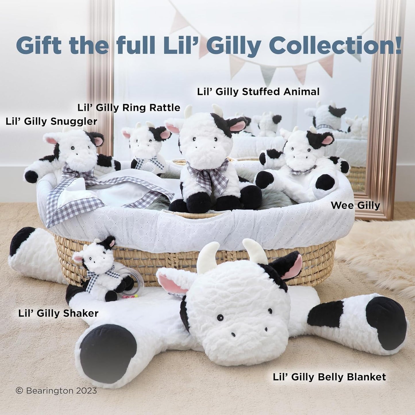Bearington Collection Lil' Gilly 5.5 in Cow Baby Rattle - Baby - Plush Rattles Gift for Newborn