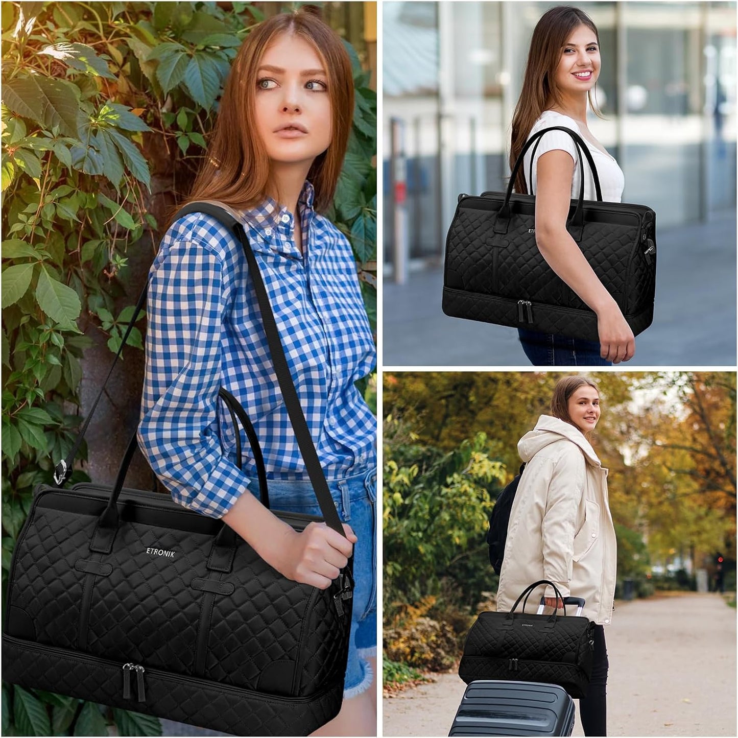 ETRONIK Weekender Overnight Bag for Women, Large Travel Duffle Bag with Shoe Compartment & Wet Pocket, Carry On Tote Bag Gym Duffel Bag with Toiletry Bag, 3 Pcs Set, Large Size, Dark Black