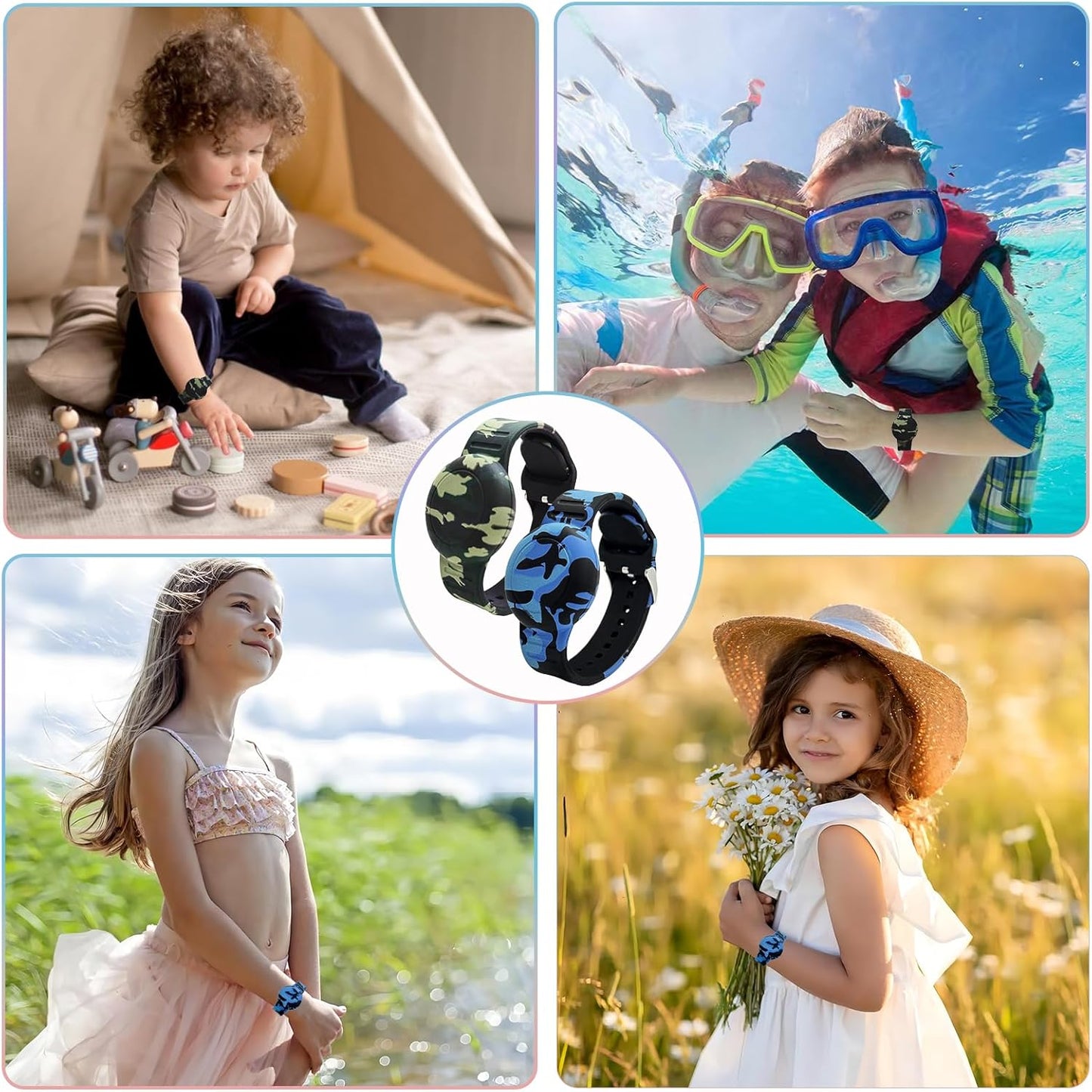 Waterproof AirTag Bracelet for Kids, Soft Silicone Air Tag Hidden Holder Case Compatible with Apple Airtag, Adjustable Anti-Lost Printed Strap GPS Traker for Toddler Child(2 Pack, Green & Blue)