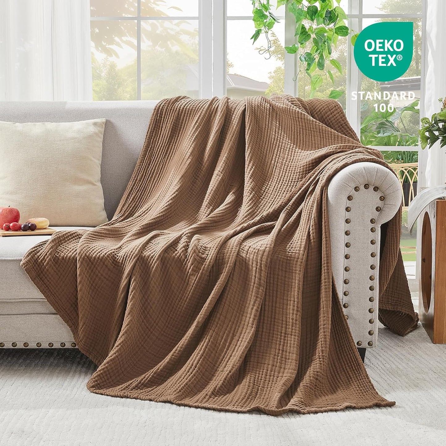EMME Cotton Muslin Twin Blanket Breathable Gauze Blanket Soft Lightweight Blankets Adults Gifts for Women (Brown, 60"x80")