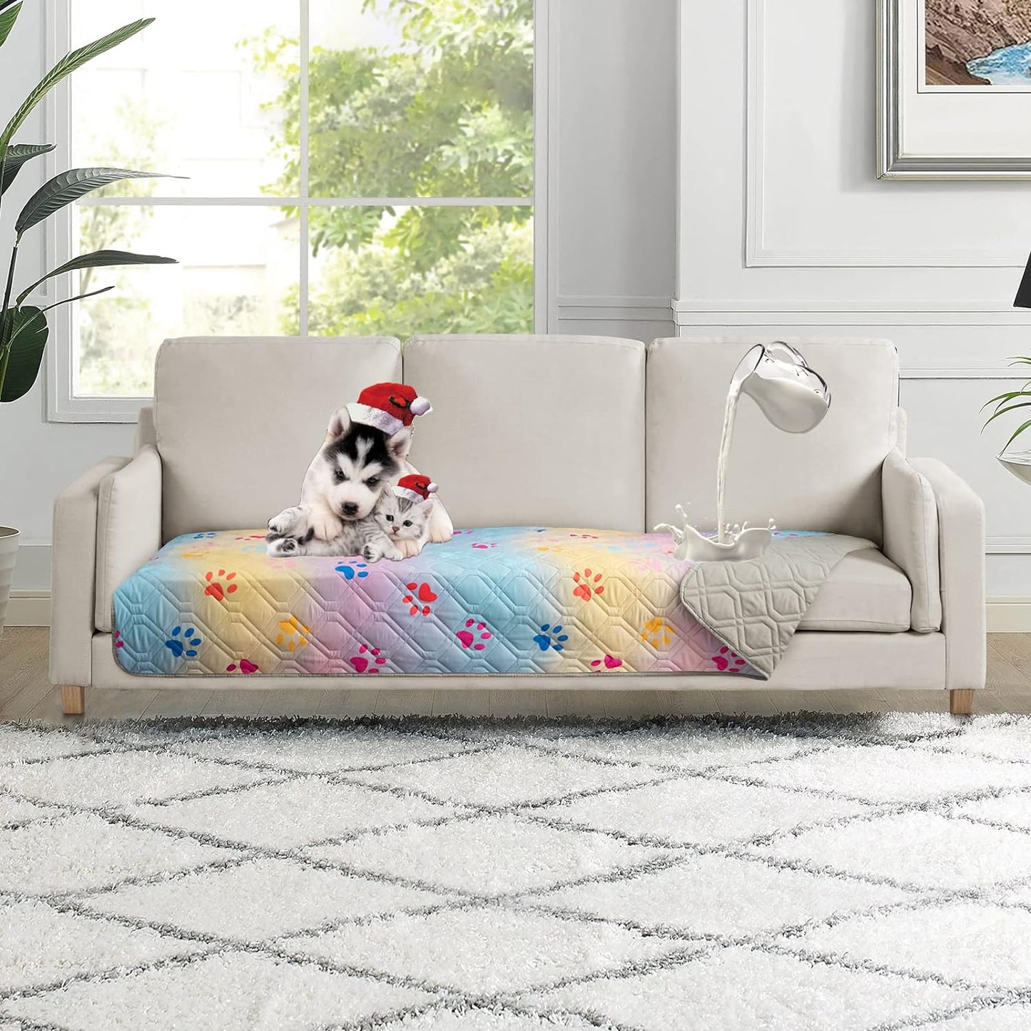 Waterproof Dog Bed Cover 30x70 inch Reversible Pad Reusable Camping Mat for Kids/Pet/Dog/Cat Washable Geometric Embroidery Blanket Patchwork Rainbow Dog Paw Printed+Gray