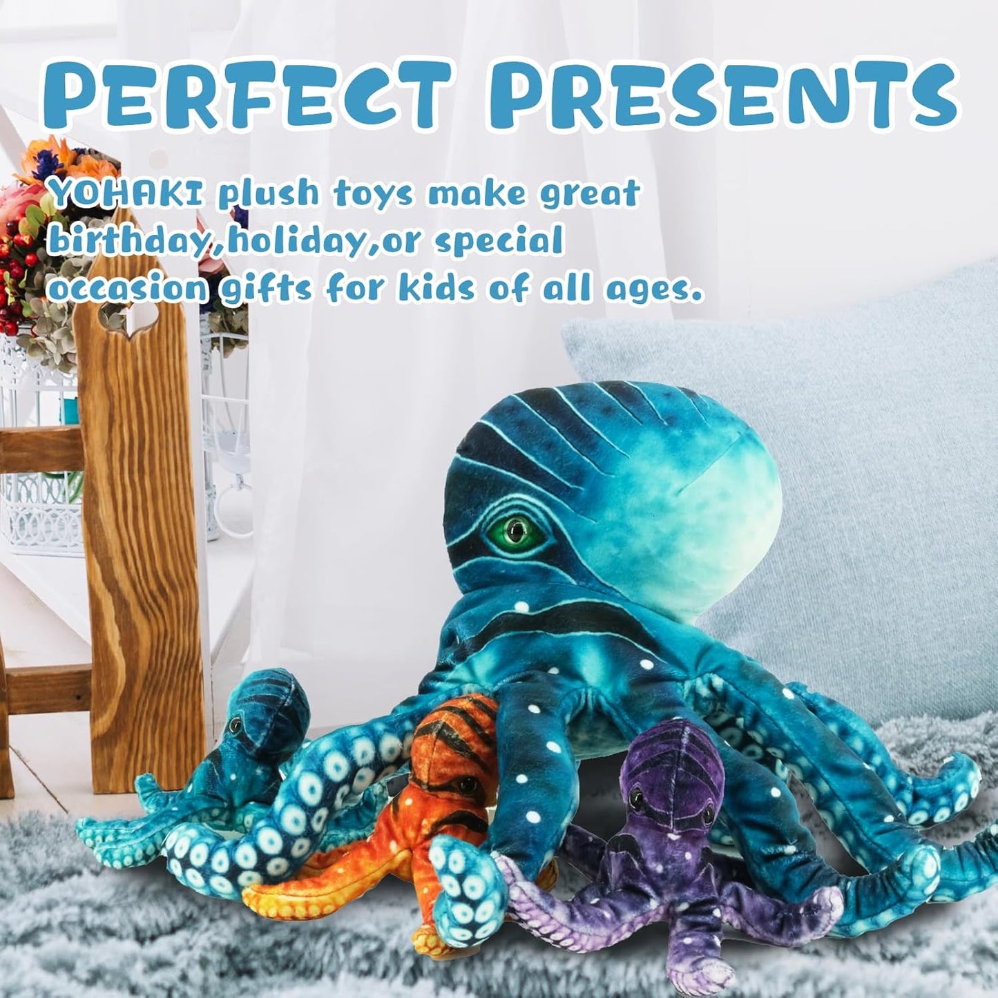 Octopus Stuffed Animal, 11''Marine Printed Octopus Plush Toys with 3 Baby, Soft Washable Toy Stuffed Marine Animal for Home Decor, Idea Gift for Kids Boys Girls Christmas Birthday Gifts (Blue)