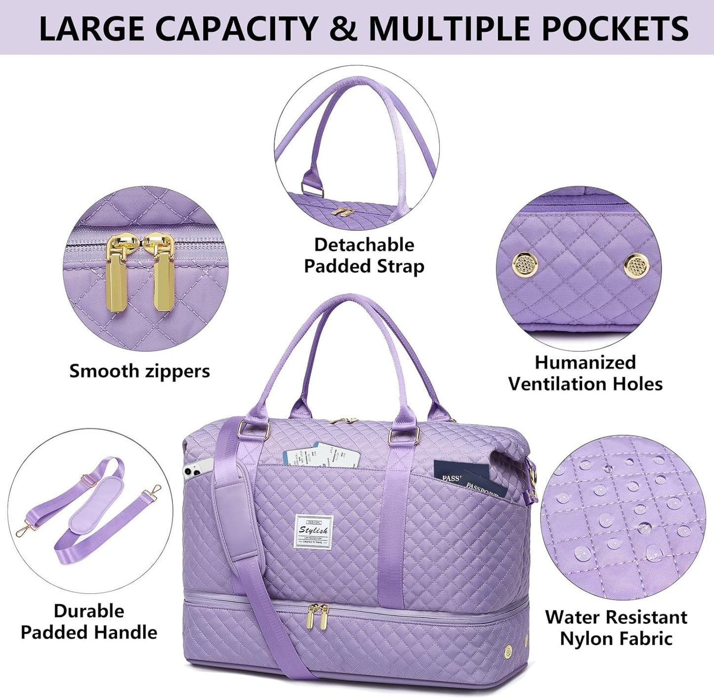 Women Weekender Travel Duffle Bag: Travel Duffel Overnight Bags with Shoe Compartment Large Carry on Tote Bag Toiletry Bag Weekend Yoga Gym Hospital Bags for Labor and Delivery with Wet Pocket Purple
