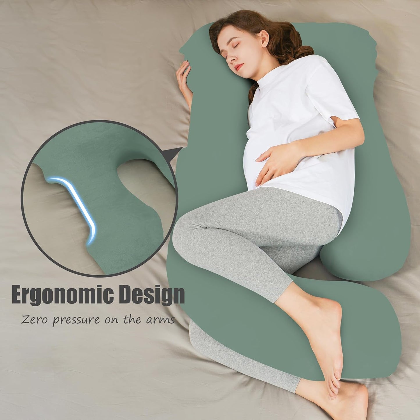 HIPHOP PANDA U-Shaped Pregnancy Pillow for Sleeping - Full Body Maternity Support Pillow with Cooling Removable Cover - Comfort for Back, HIPS, Legs, Belly - 57 Inch for Pregnant Women, Green