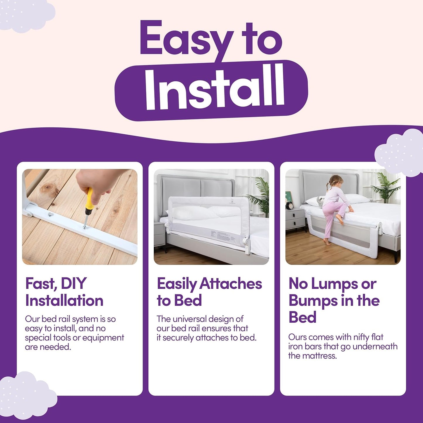 ComfyBumpy 1-Pack Bed Rail for Toddlers 55.5" L x 19.5" H | Toddler Bed Rails for Twin, Full, Queen & King Mattress Size | Swing Down Rail Guard | Mattress Side Rail for Kids | White