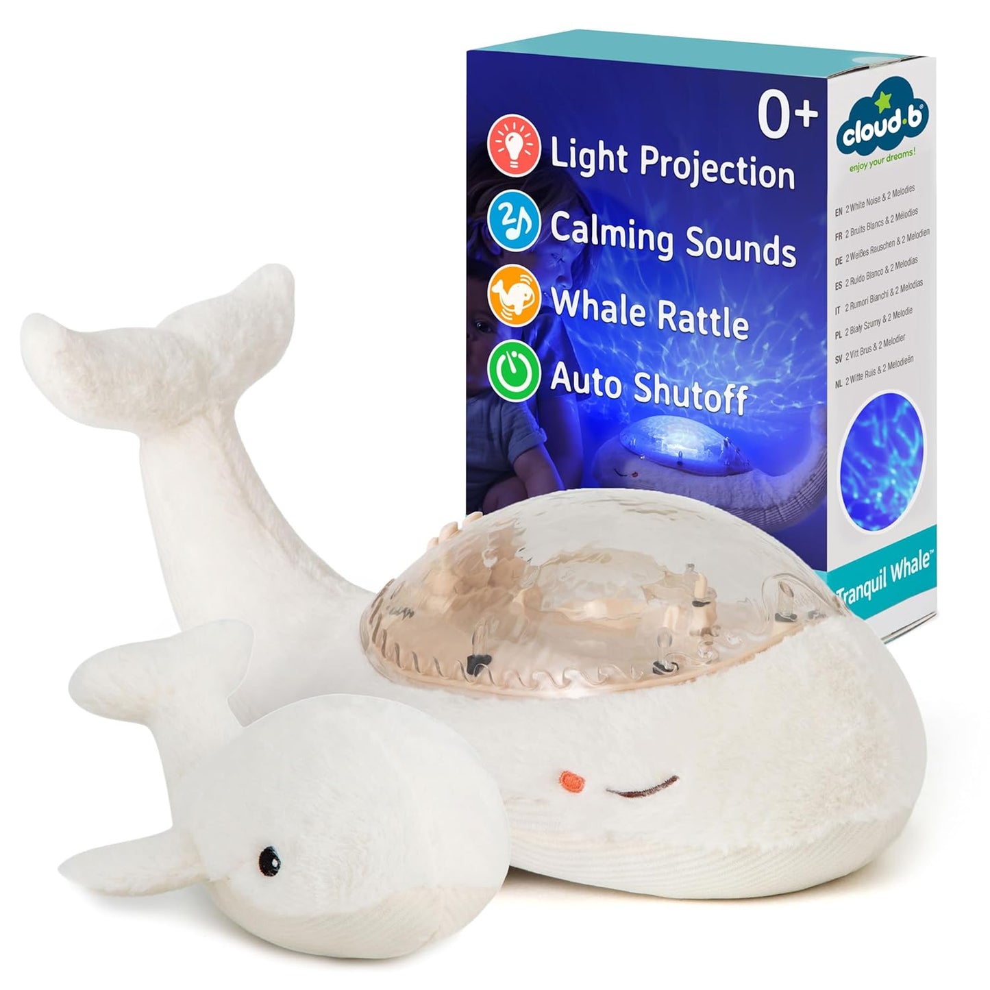 Cloud b Ocean Projector Nightlight with White Noise Soothing Sounds | Adjustable Settings and Auto-Shutoff | Tranquil Whale Family - White